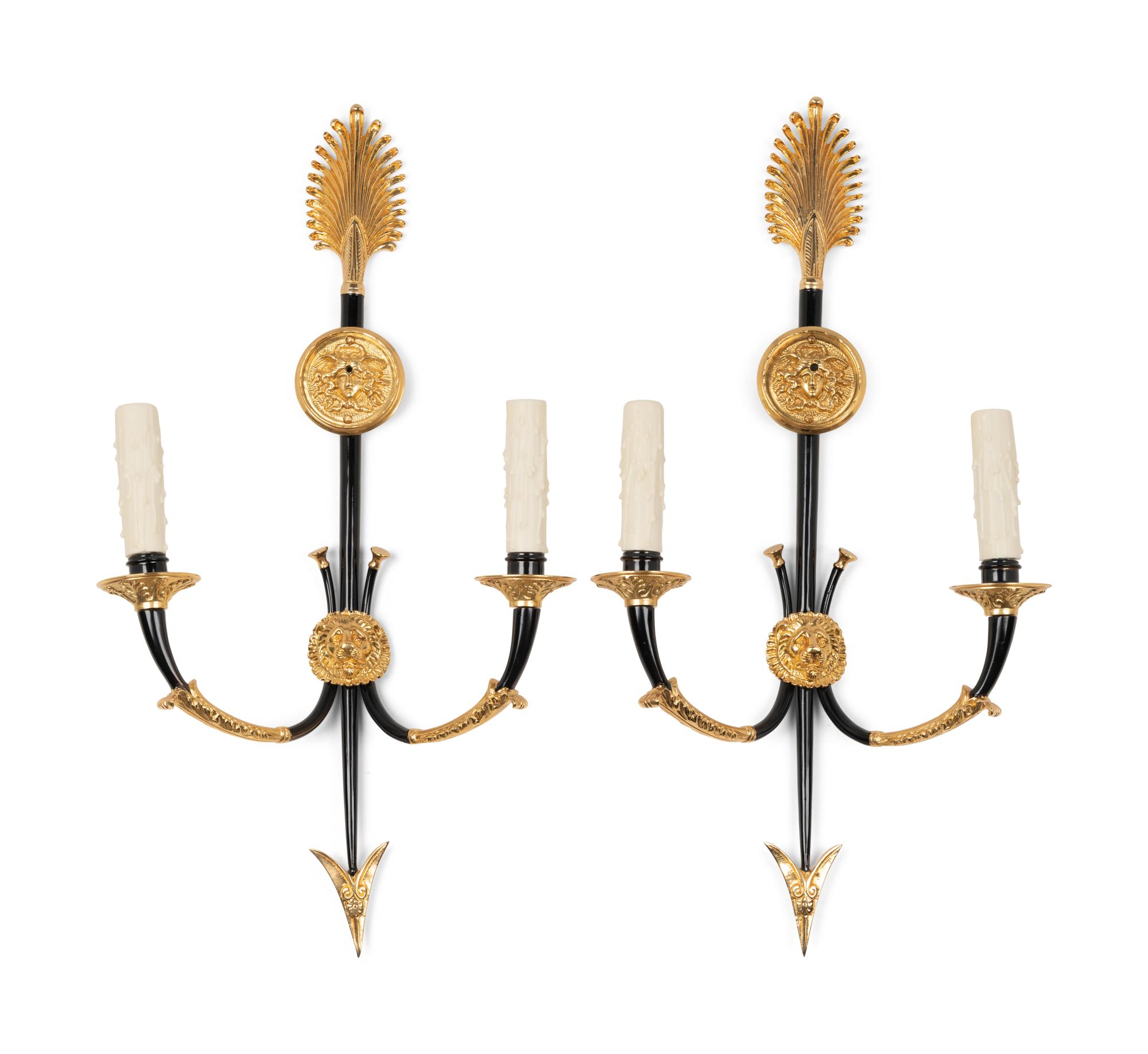 A Pair of Empire Style Gilt and Enameled Metal Two-Light Sconces