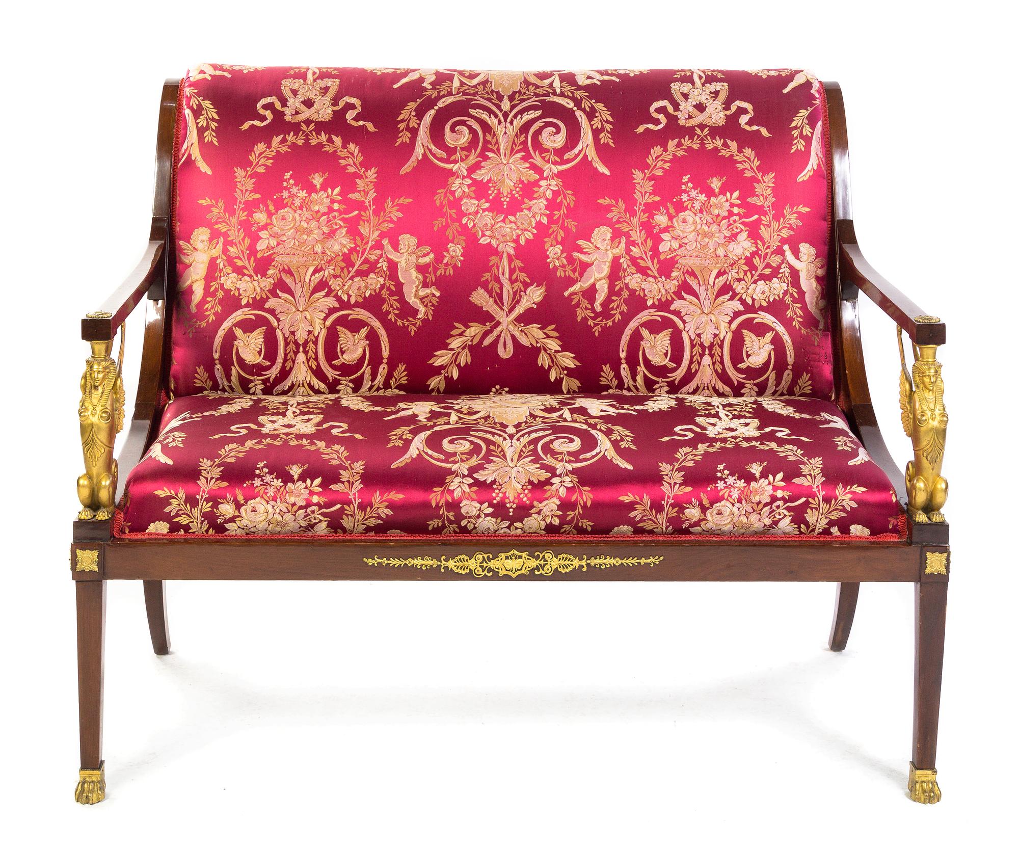 An Empire Style Gilt Bronze Mounted Mahogany Settee Width 44 1/2 inches.