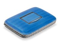 A Swiss Guilloche Enameled Silver and Clock-Inset Cigarette Case