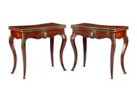 A Pair of Louis XV Style Gilt Bronze and Porcelain Mounted Flip-Top Tables