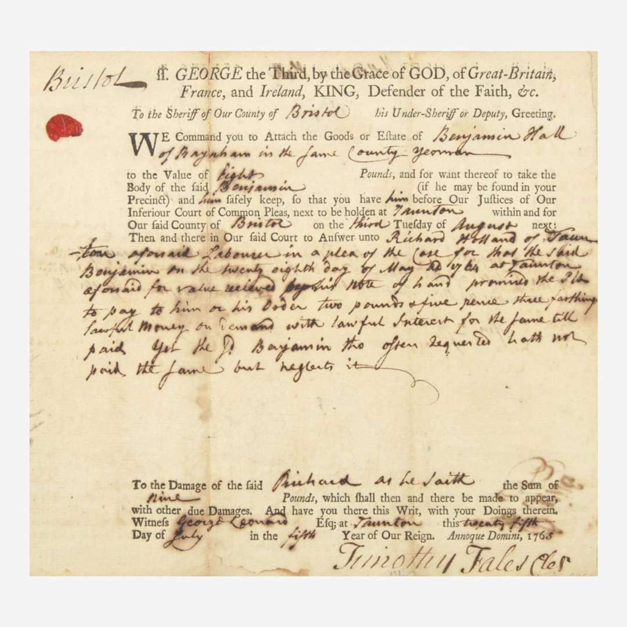[Declaration of Independence] [Massachusetts] Paine, Robert Treat Partially-Printed Document, signed