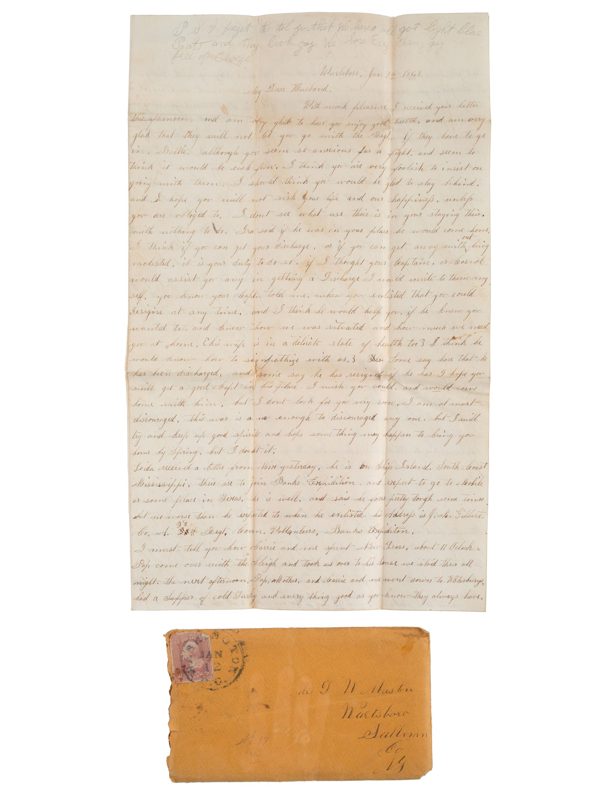 [CIVIL WAR]. Extensive letter archive of Private David W. Masten, Co. E, New York 143rd Infantry, musician, private, and member of the Ambulance Corps.