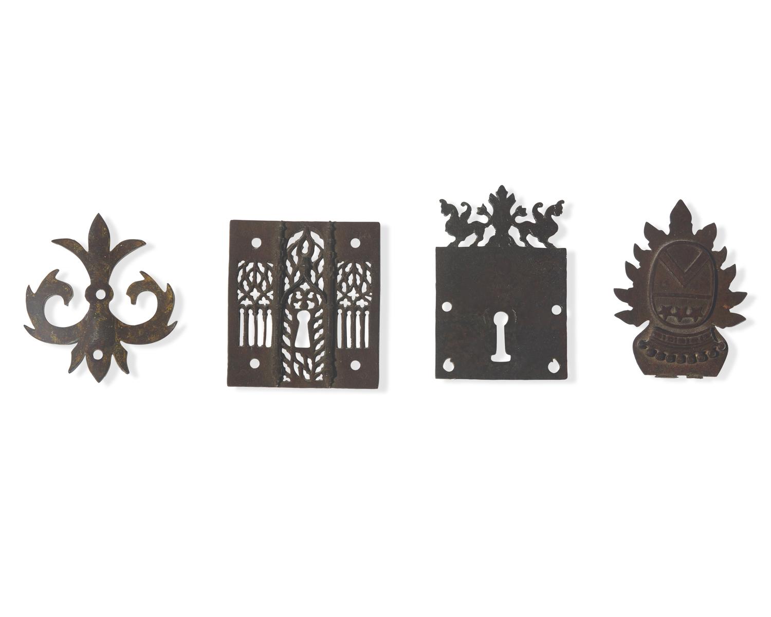 Four Wrought Iron / Steel Lock Plates and Furniture Mounts, French and Spanish, 16th - 18th Century