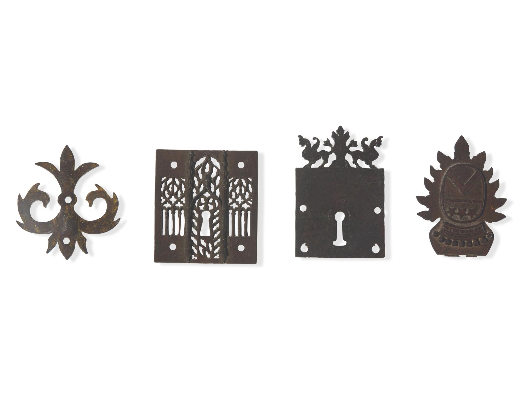 Four Wrought Iron / Steel Lock Plates and Furniture Mounts, French and Spanish, 16th - 18th Century
