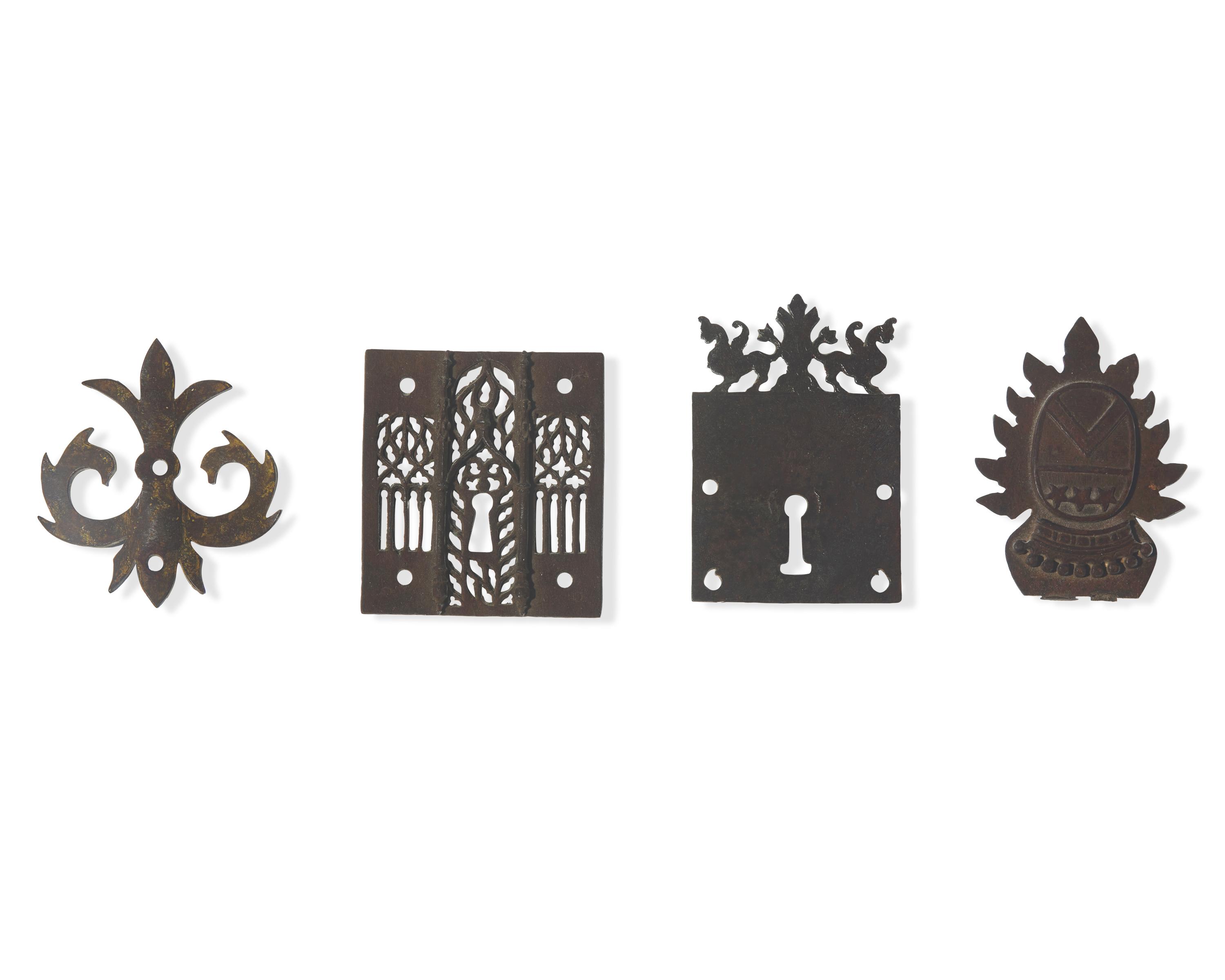 Four Wrought Iron / Steel Lock Plates and Furniture Mounts, French and Spanish, 16th - 18th Century