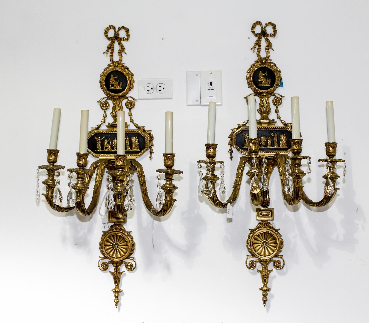 A Pair of Neoclassical Gilt Bronze Four Light Sconces Height 36 1/2 inches. — 20TH CENTURY