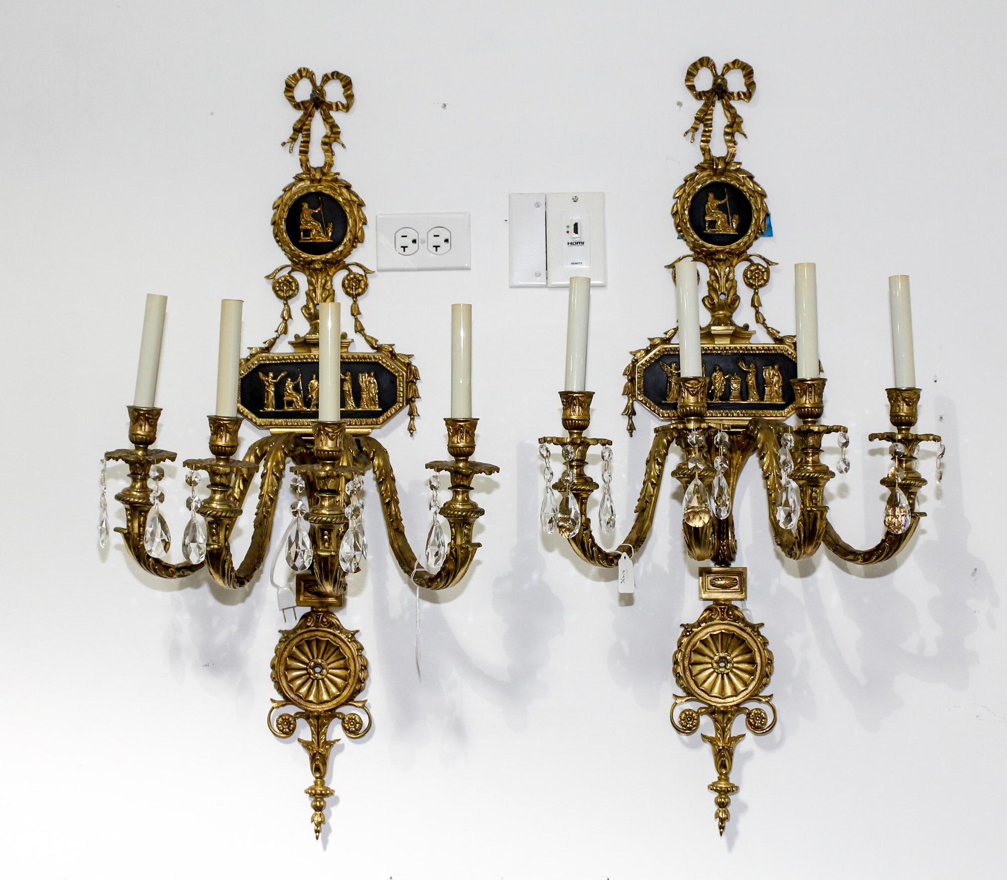 A Pair of Neoclassical Gilt Bronze Four Light Sconces Height 36 1/2 inches. — 20TH CENTURY