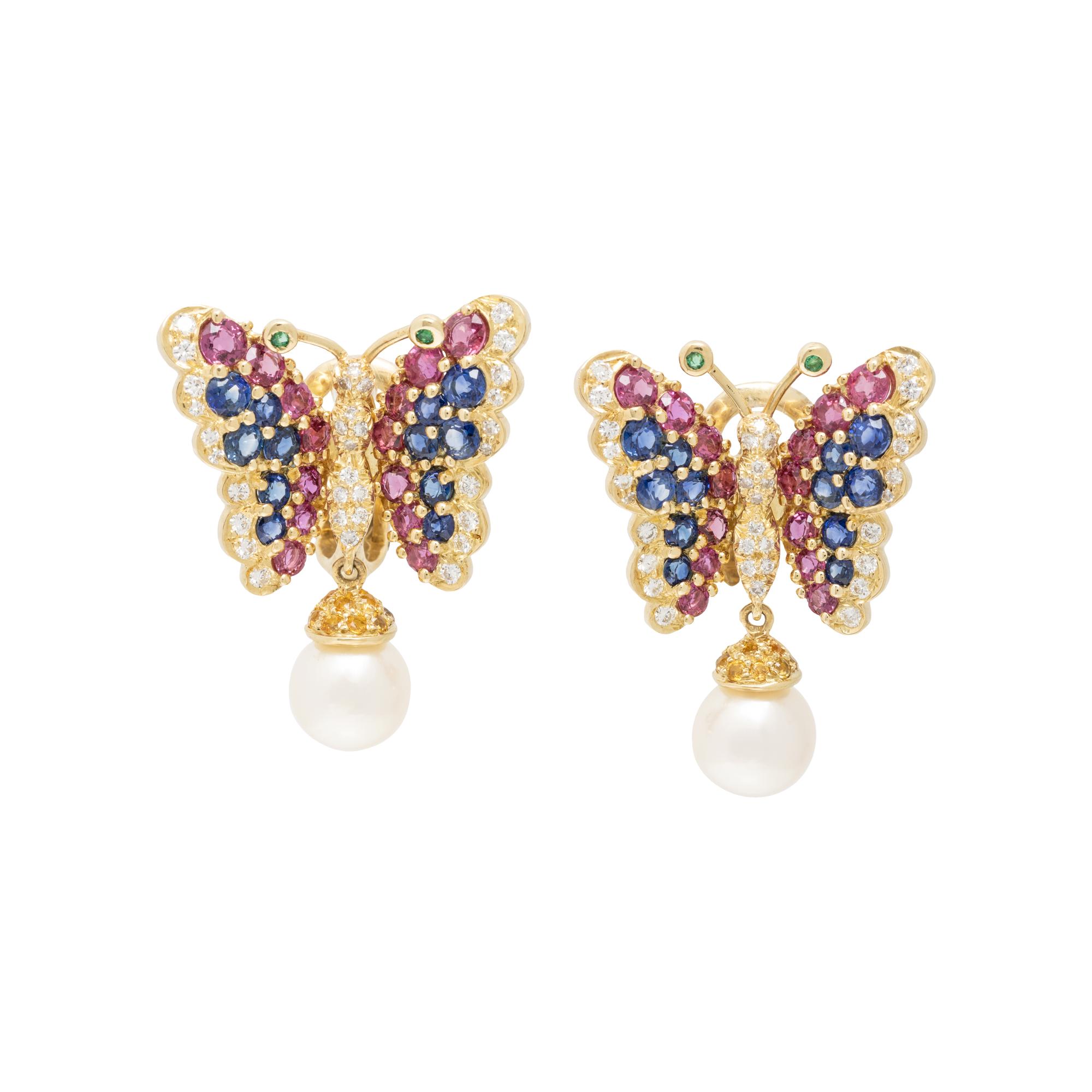 TIFFANY & CO., MULTIGEM AND CULTURED PEARL BUTTERFLY EARRINGS