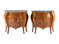 A Pair of Louis XV Style Marquetry Marble-Top Commodes