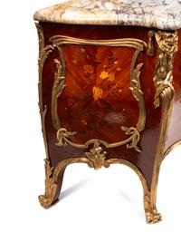 A Pair of Louis XV Style Gilt Bronze Mounted Kingwood and Floral Marquetry Marble-Top Commodes