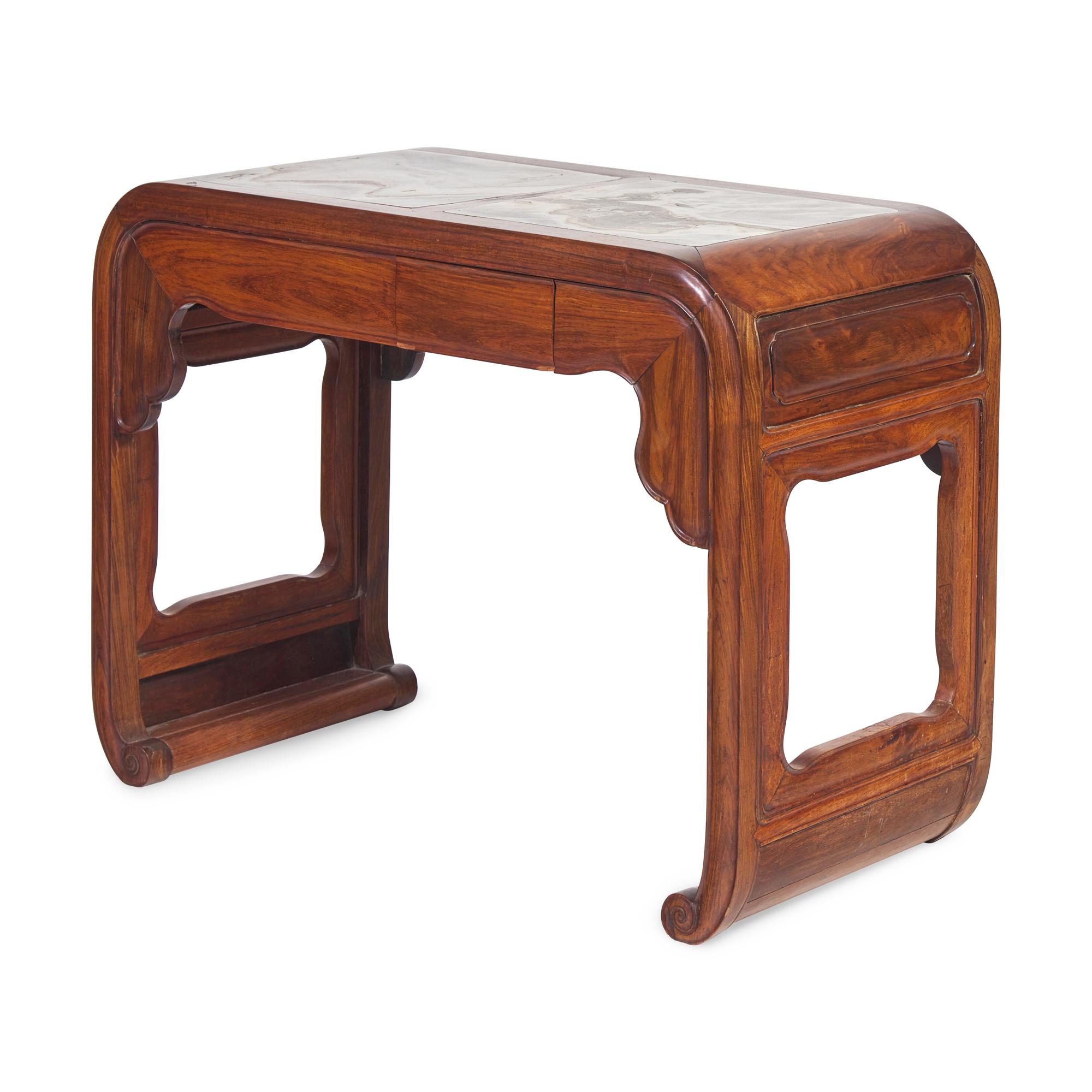 A Chinese Marble Inset Ironwood Game Table, 19th/Early 20th Century 清晚期 鐵力木嵌大理石書卷式條案