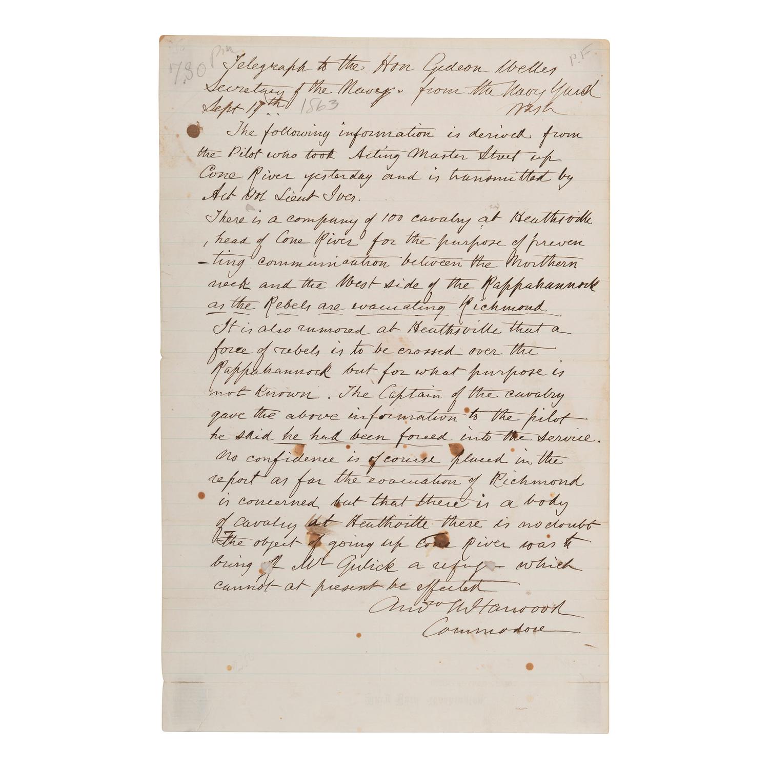 [CIVIL WAR]. HARWOOD, Andrew (1802-1884). A group of 3 documents related to Rear Admiral Andrew A. Harwood, comprising: