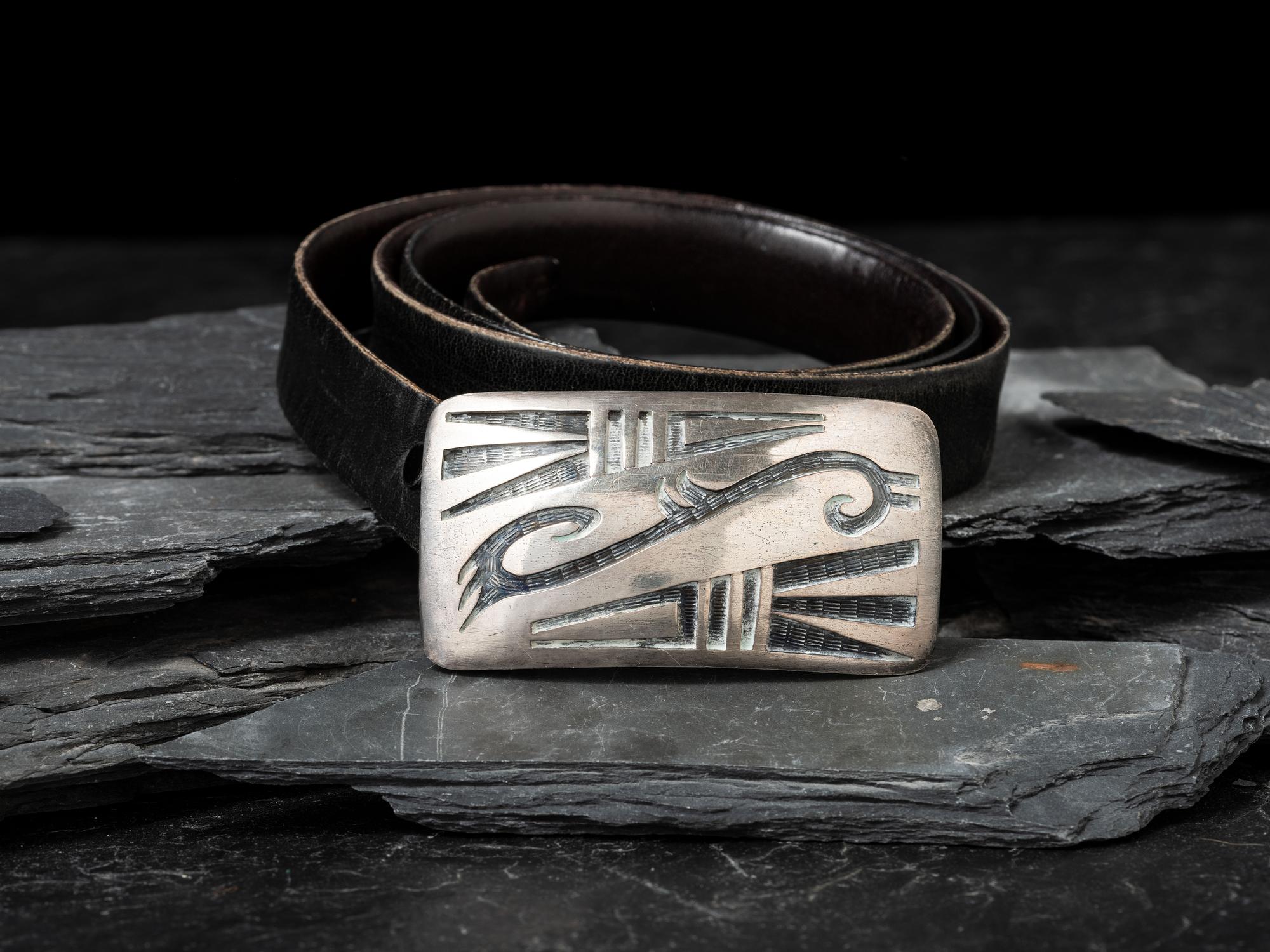 Silver Overlay Belt Buckle, with Black Leather Belt