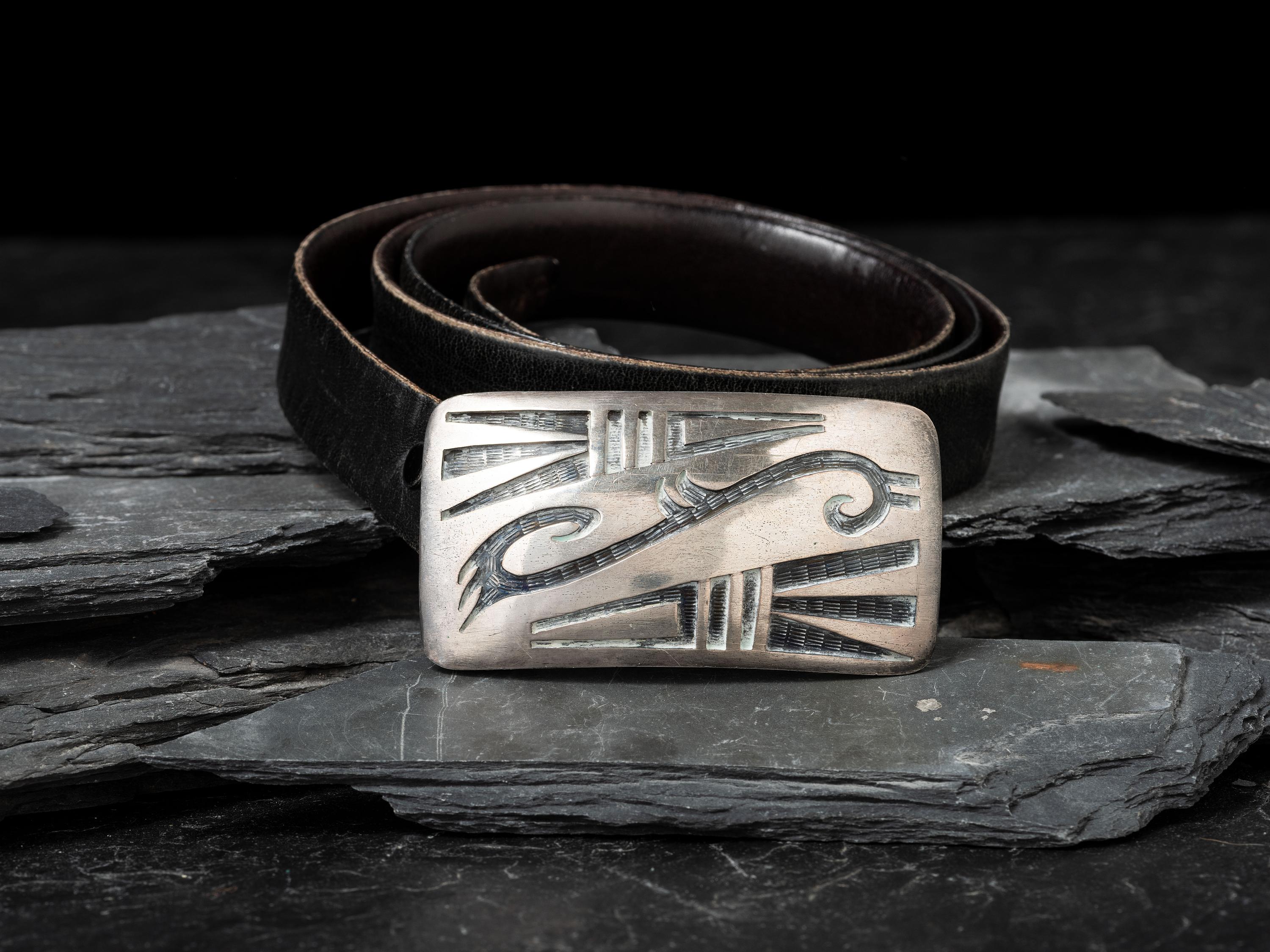 Silver Overlay Belt Buckle, with Black Leather Belt