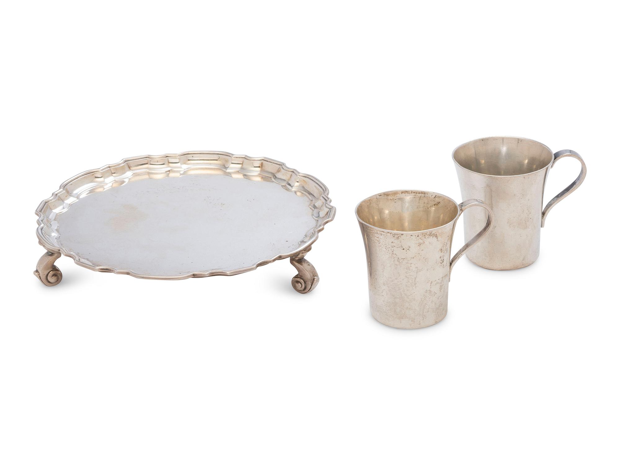 A Tiffany and Co. Silver Waiter and Pair of Coffee Cups