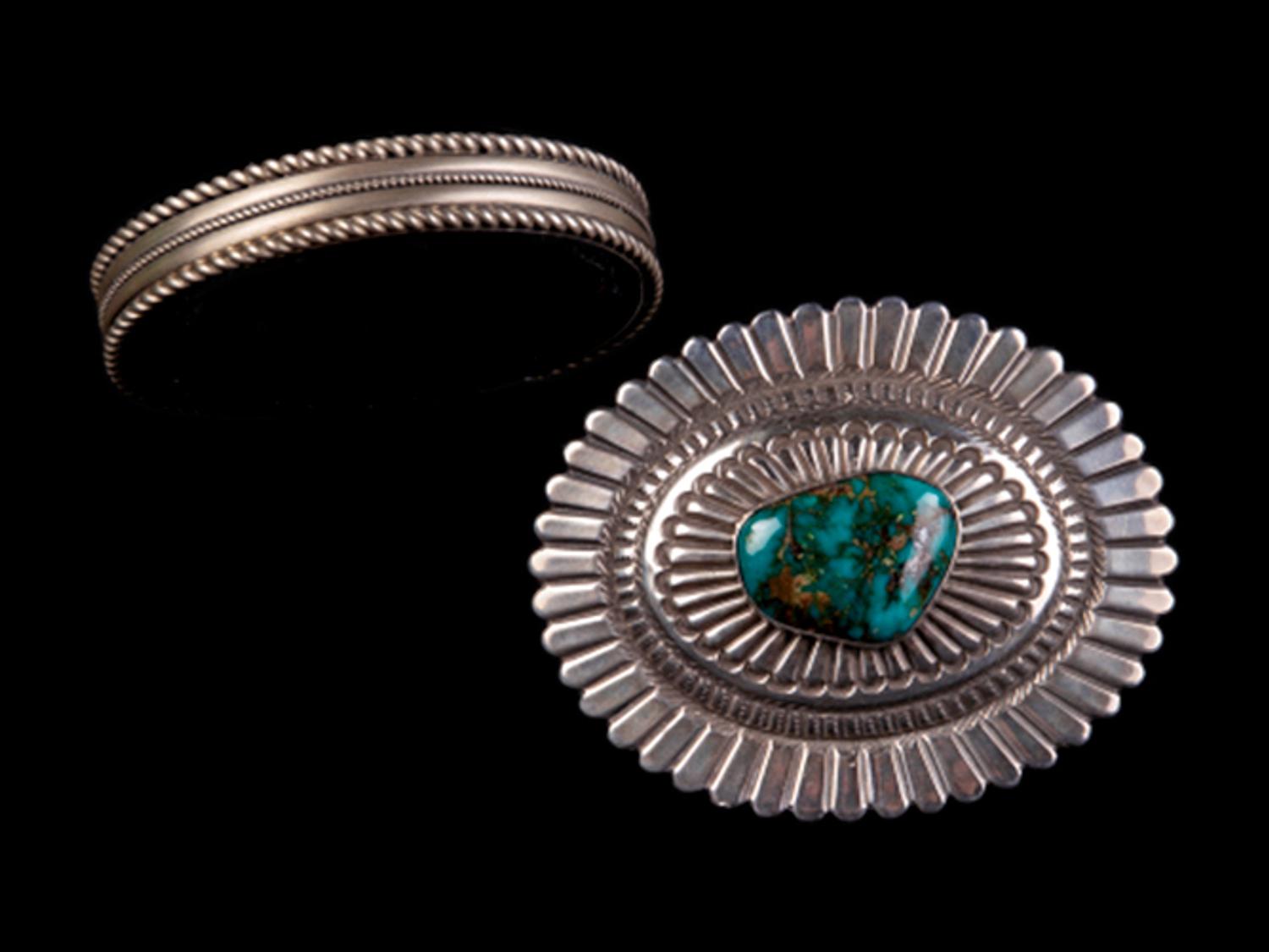 Sterling Silver Belt Buckle with Turquoise Stone and Sterling Silver Bracelet