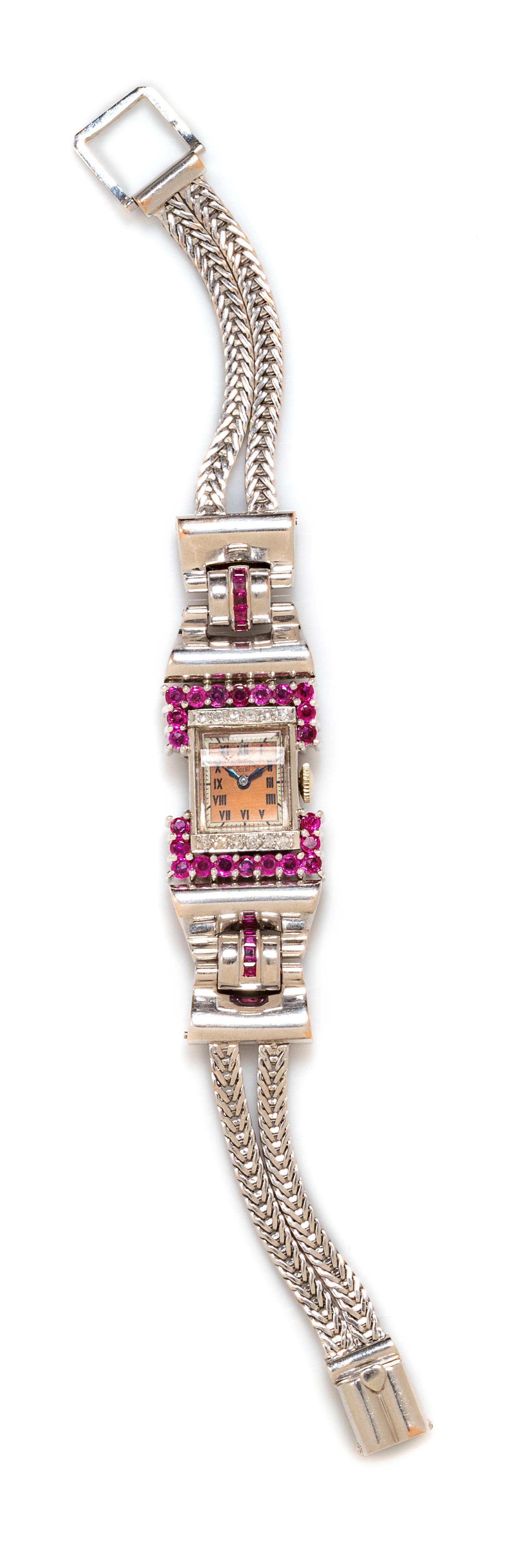 A Retro 14 Karat White Gold, Ruby and Diamond Wristwatch, Paul Ditisheim Solvil, 25.00 dwts.