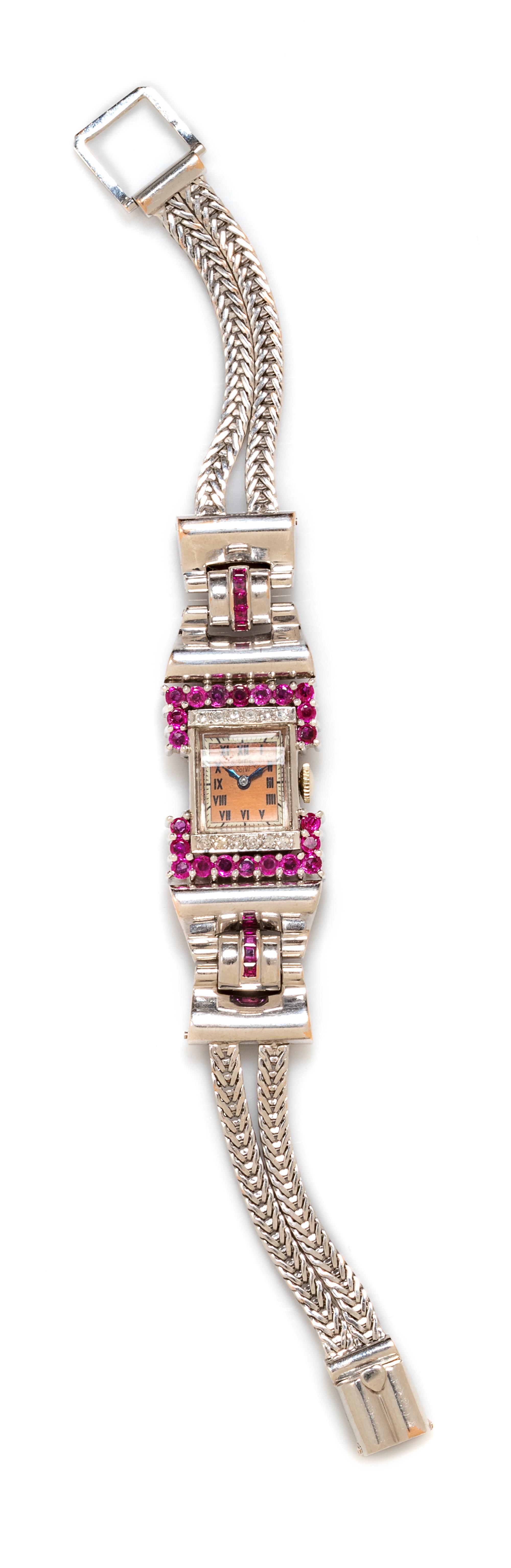 A Retro 14 Karat White Gold, Ruby and Diamond Wristwatch, Paul Ditisheim Solvil, 25.00 dwts.
