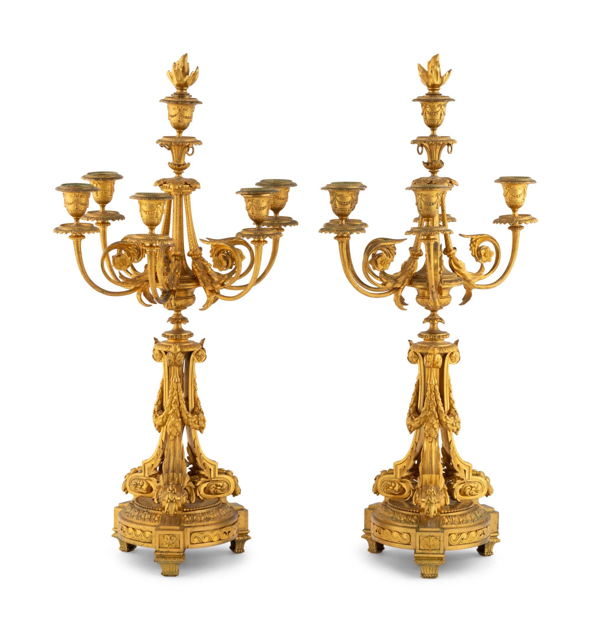 A Pair of Louis XVI Style Gilt Bronze Five-Light Candelabra