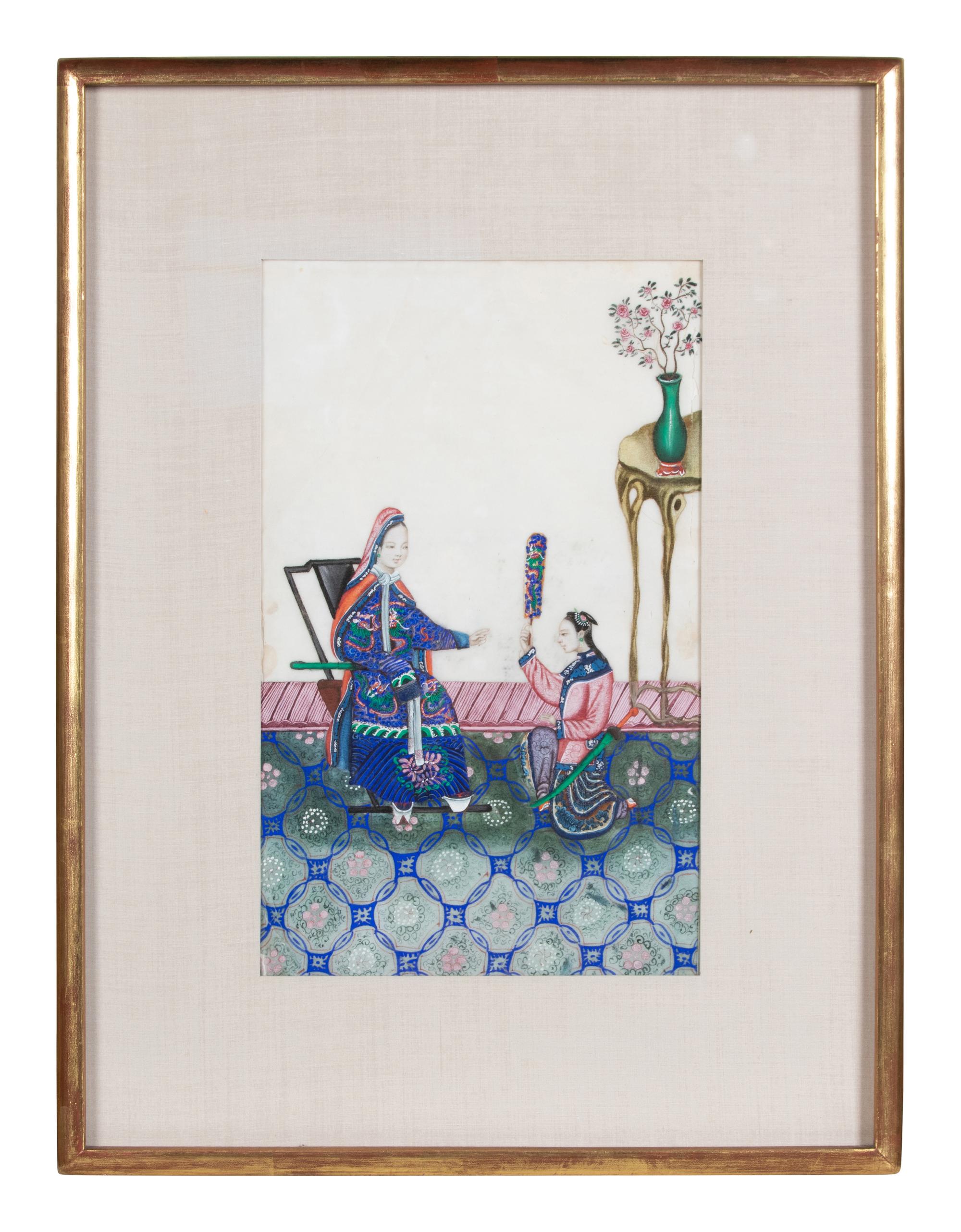 A Set of Three Chinese Export Paintings on Pith Paper, Depicting Court Scenes