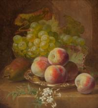 Peaches on a Silver Tray with Green Grapes