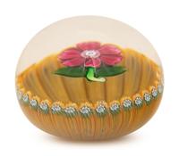A Miniature Perthshire Pink Flower Over Yellow Millefiori Stave Basket Glass Paperweight