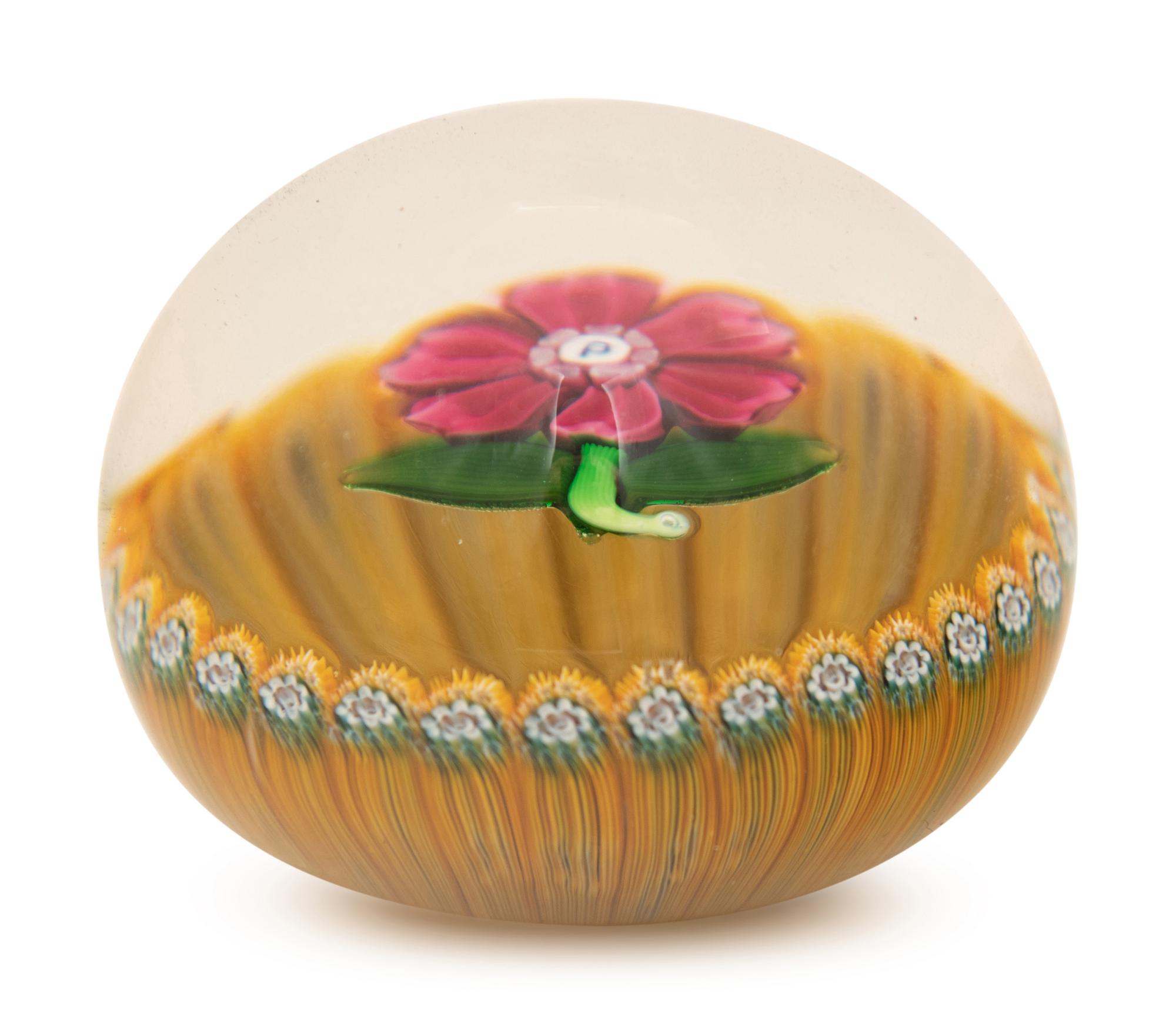 A Miniature Perthshire Pink Flower Over Yellow Millefiori Stave Basket Glass Paperweight