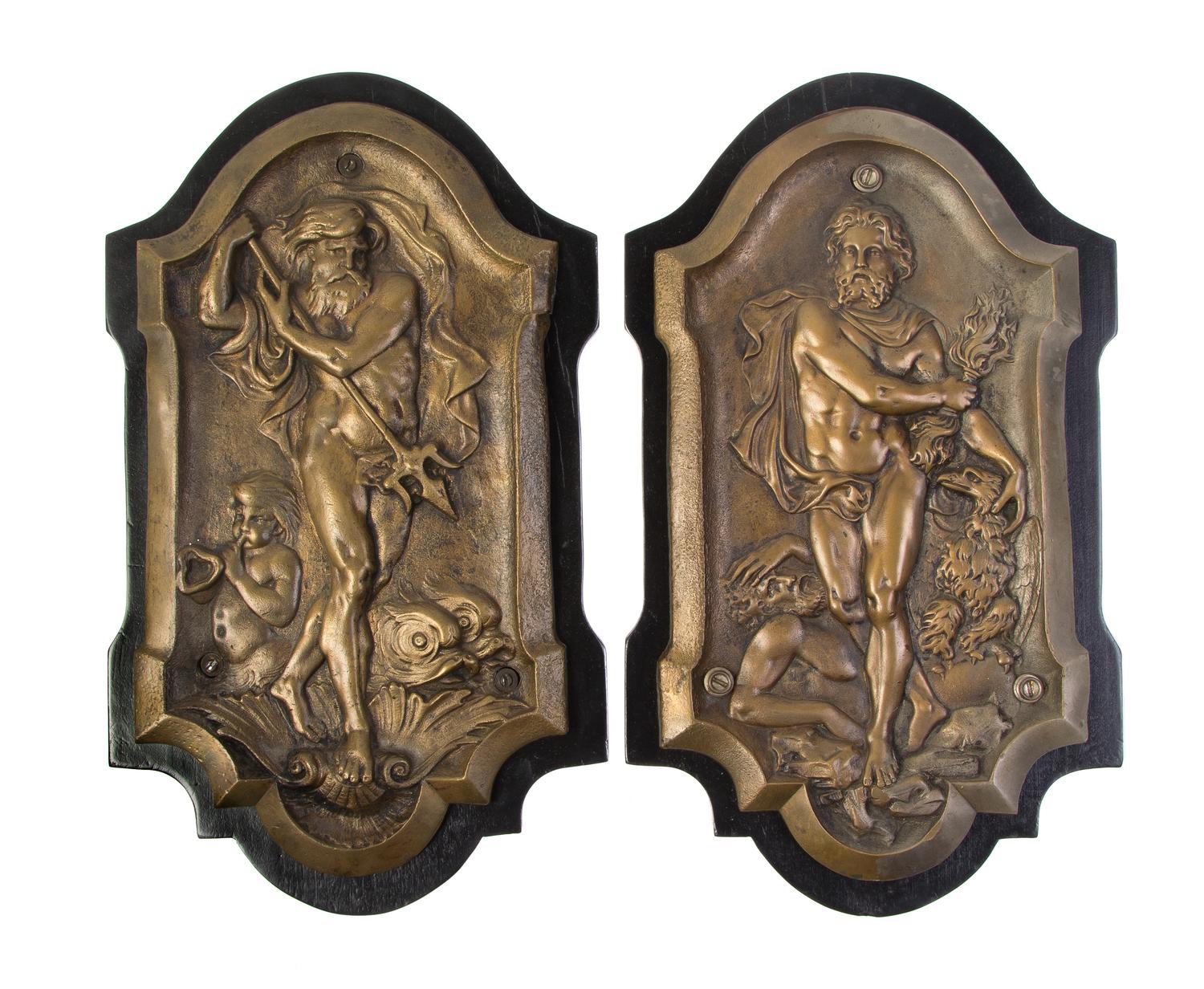 A Pair of Continental Cast Metal Relief Plaques, Height 13 1/2 x width 7 1/2 inches.