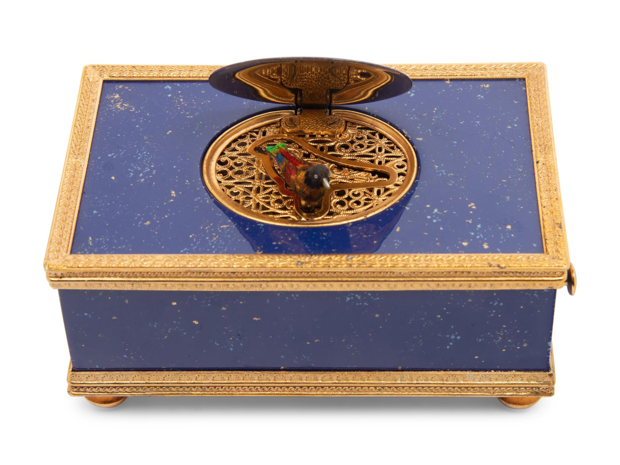 A Swiss Gilt Metal Mounted and Simulated Lapis Lazuli Singing Bird Box