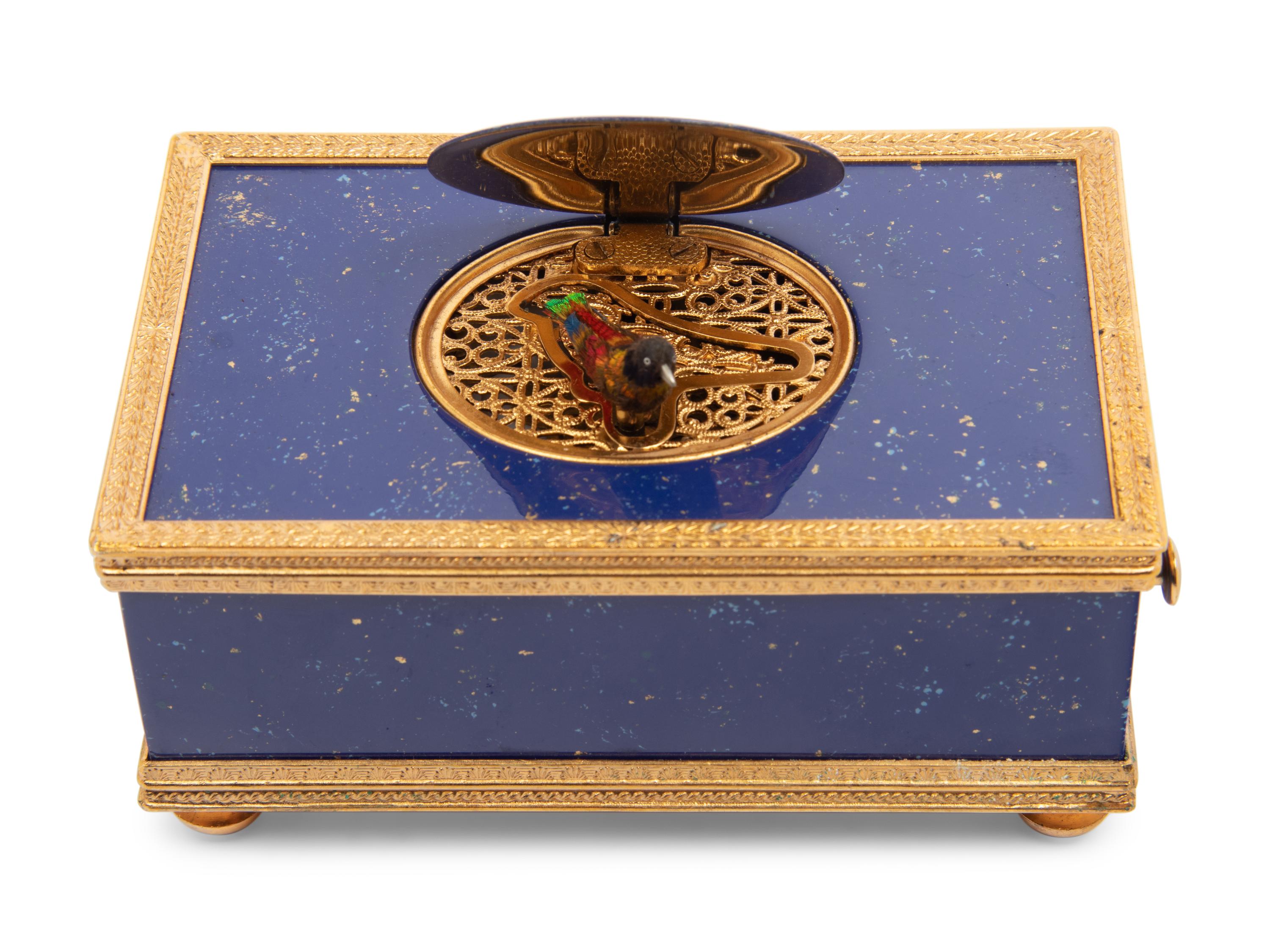 A Swiss Gilt Metal Mounted and Simulated Lapis Lazuli Singing Bird Box