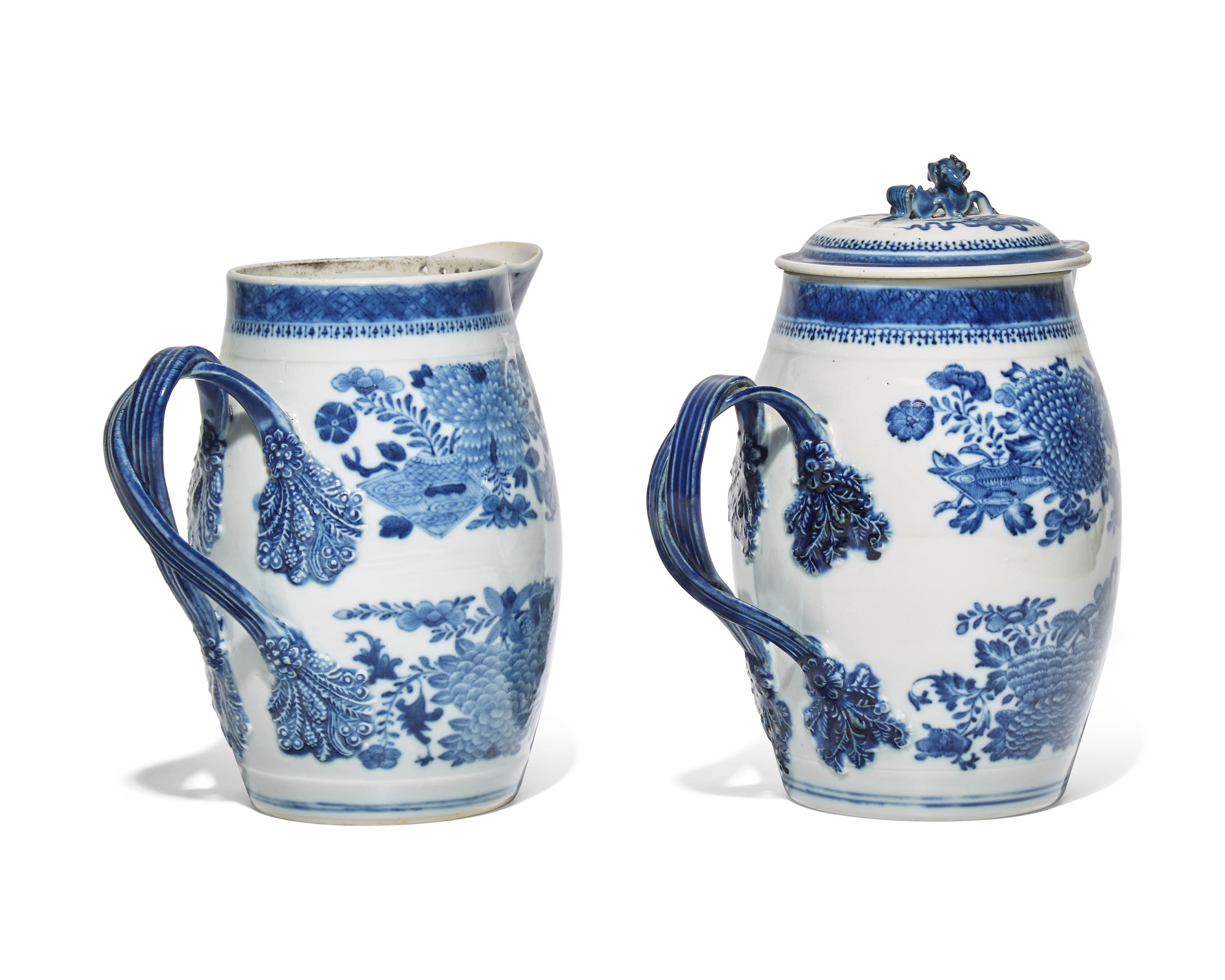 Two Chinese Export Porcelain Blue Fizthugh Cider or Punch Jugs