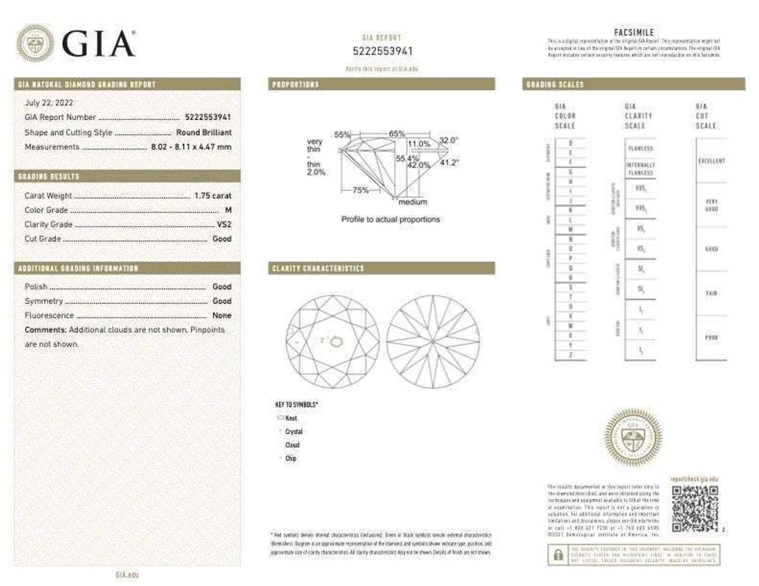 A Diamond and Platinum Ring 1.75 Carat Round Brilliant Diamond, GIA Certified