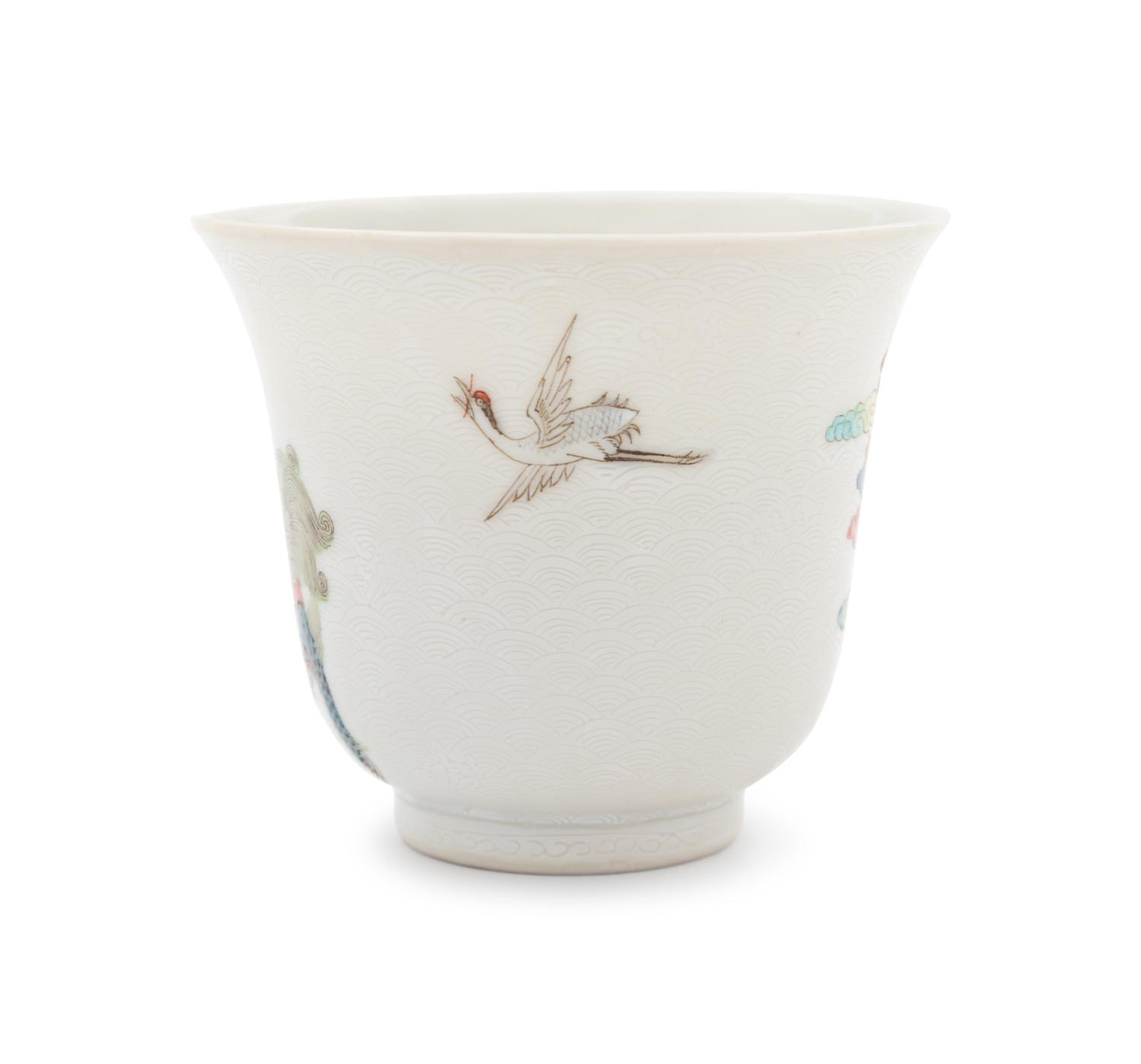 Six White Sgraffito Ground Famille Rose Porcelain "Eight Immortal' Bell-Shaped Wine Cups