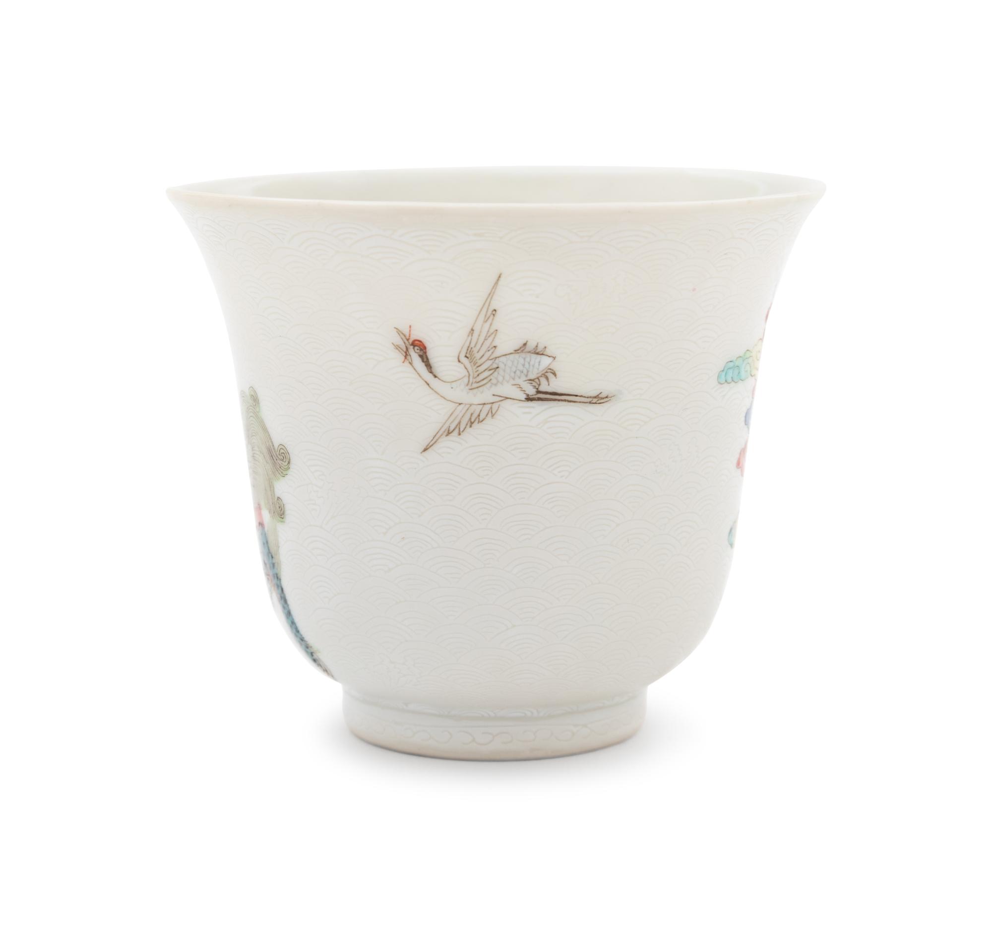 Six White Sgraffito Ground Famille Rose Porcelain "Eight Immortal' Bell-Shaped Wine Cups