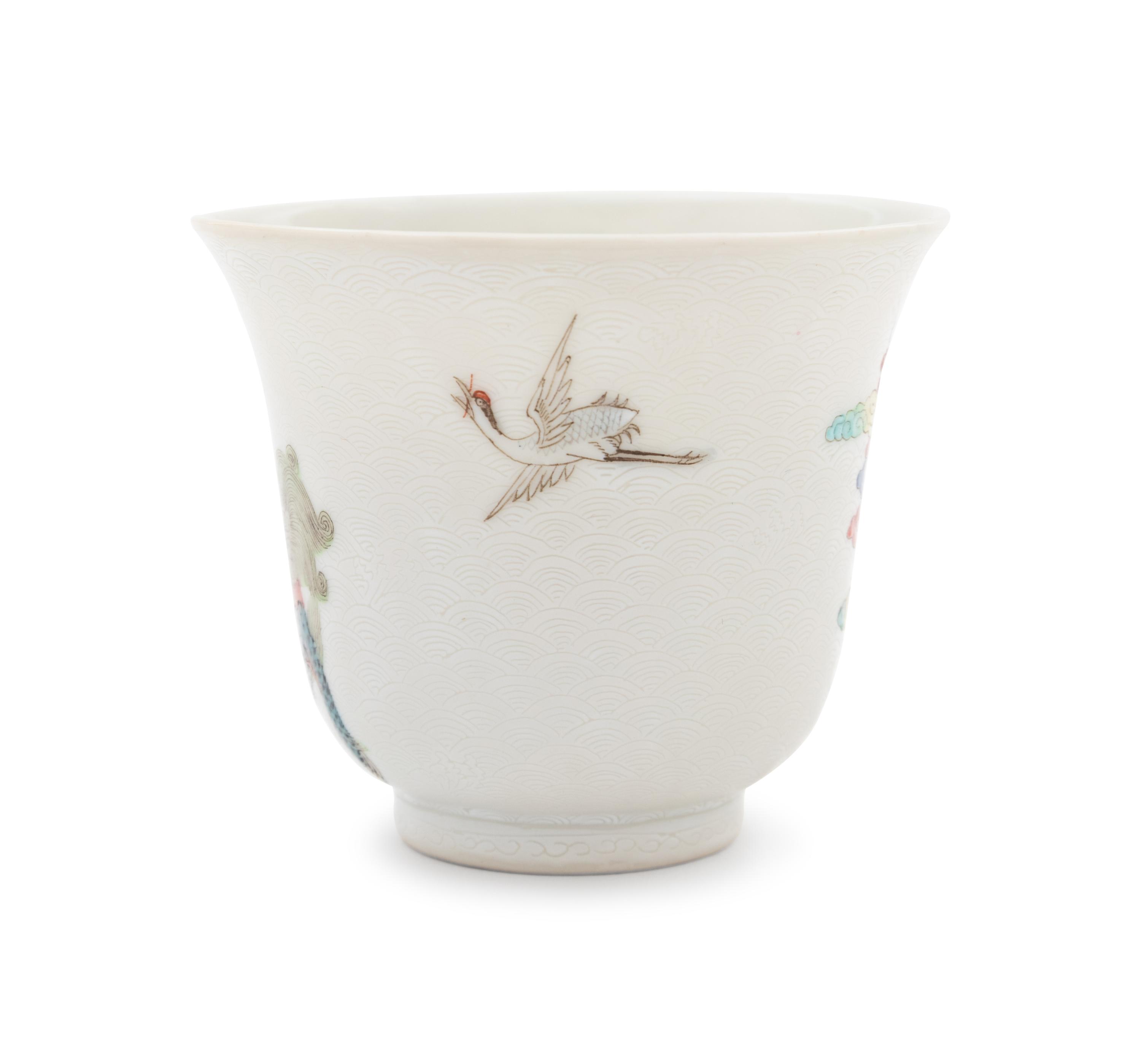 Six White Sgraffito Ground Famille Rose Porcelain "Eight Immortal' Bell-Shaped Wine Cups