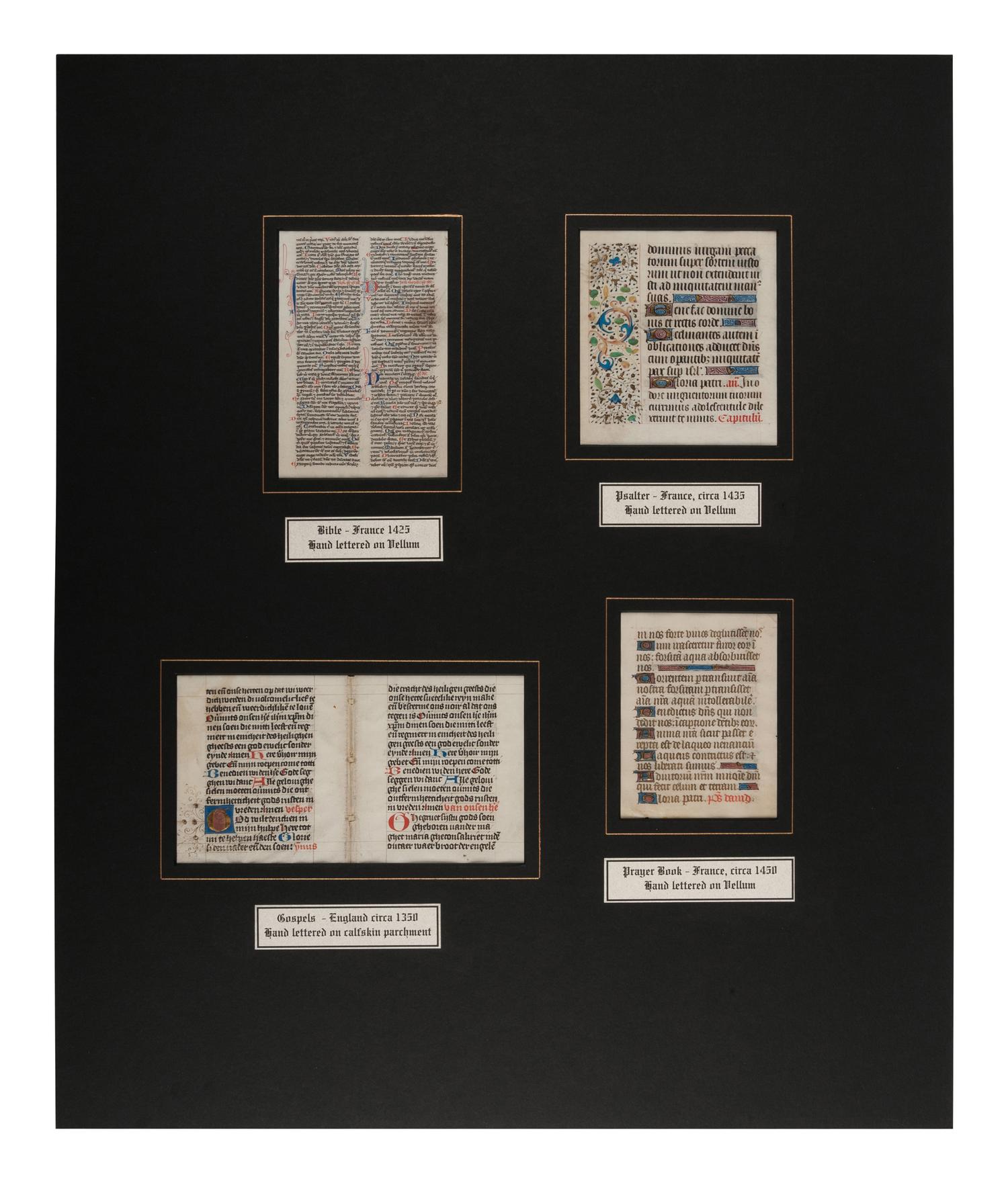 [MANUSCRIPT LEAVES -- BIBLES]. A group of 4 manuscript leaves on vellum, matted together, comprising: