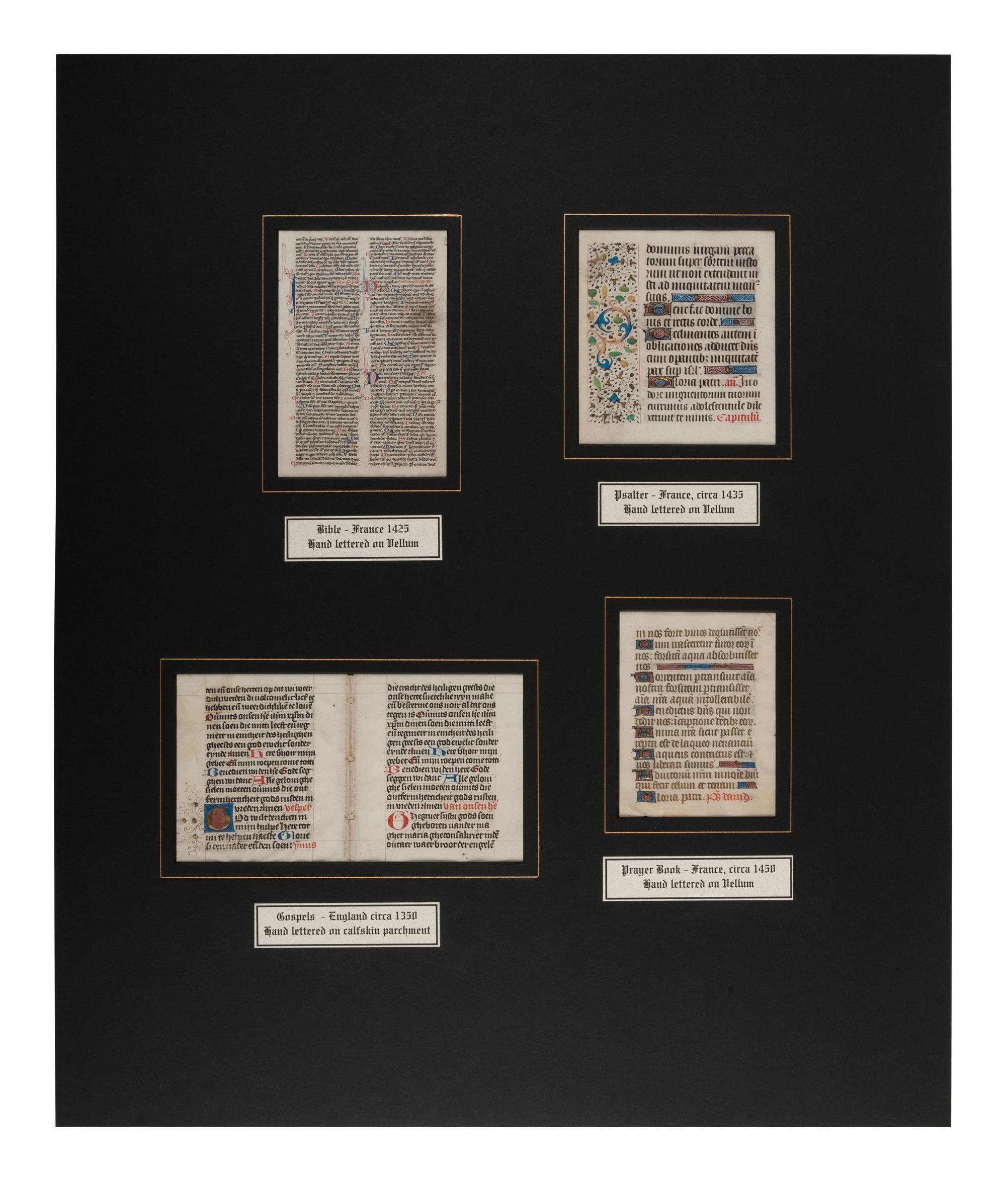 [MANUSCRIPT LEAVES -- BIBLES]. A group of 4 manuscript leaves on vellum, matted together, comprising: