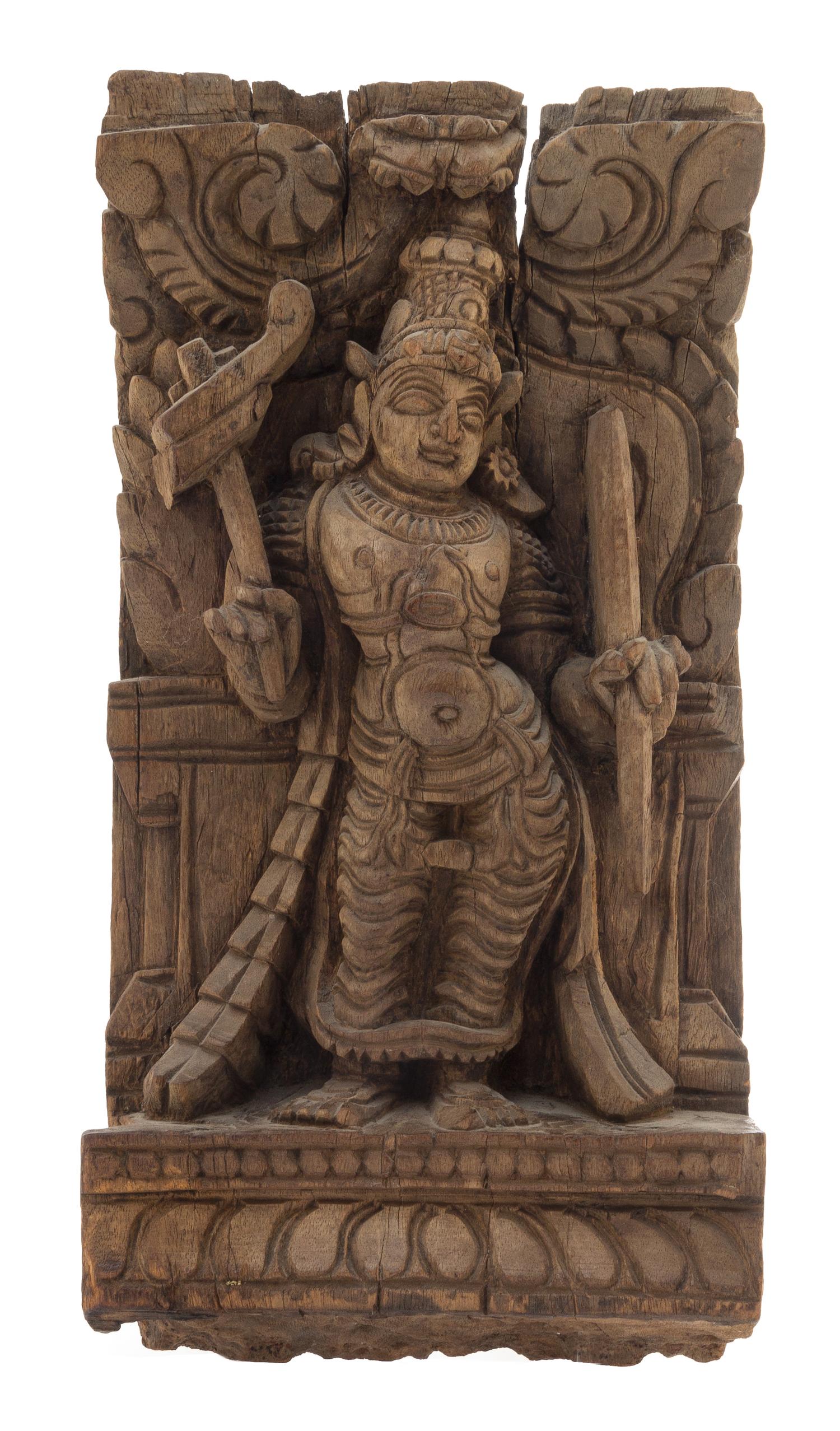 An Indian Carved Wood Panel Height 12 3/4 x width 6 3/4 inches.
