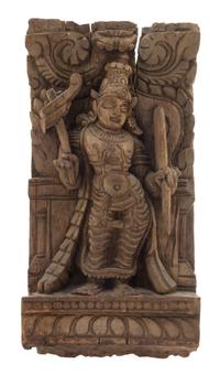 An Indian Carved Wood Panel Height 12 3/4 x width 6 3/4 inches.