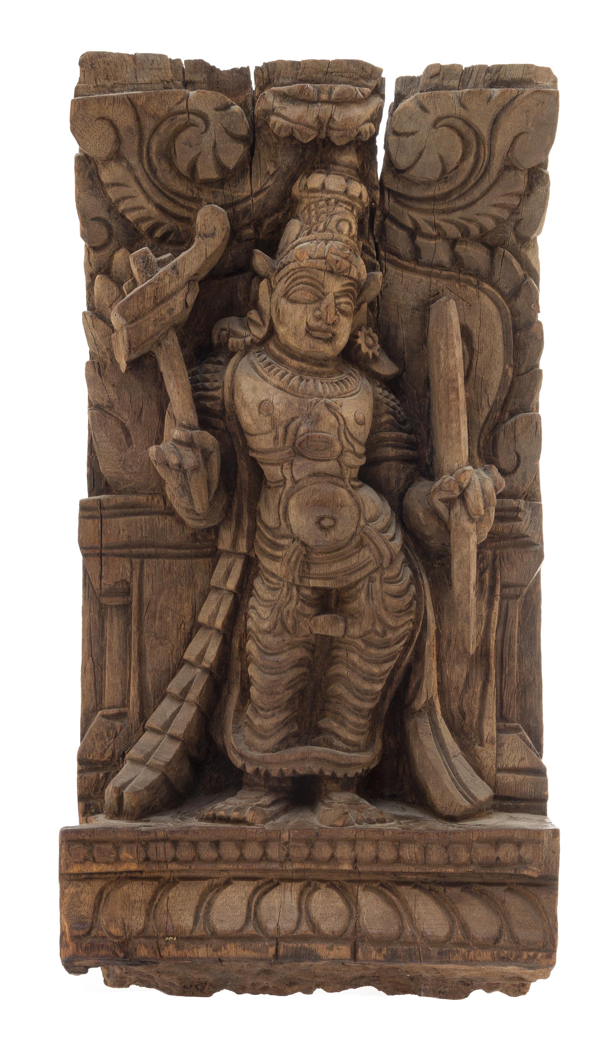 An Indian Carved Wood Panel Height 12 3/4 x width 6 3/4 inches.