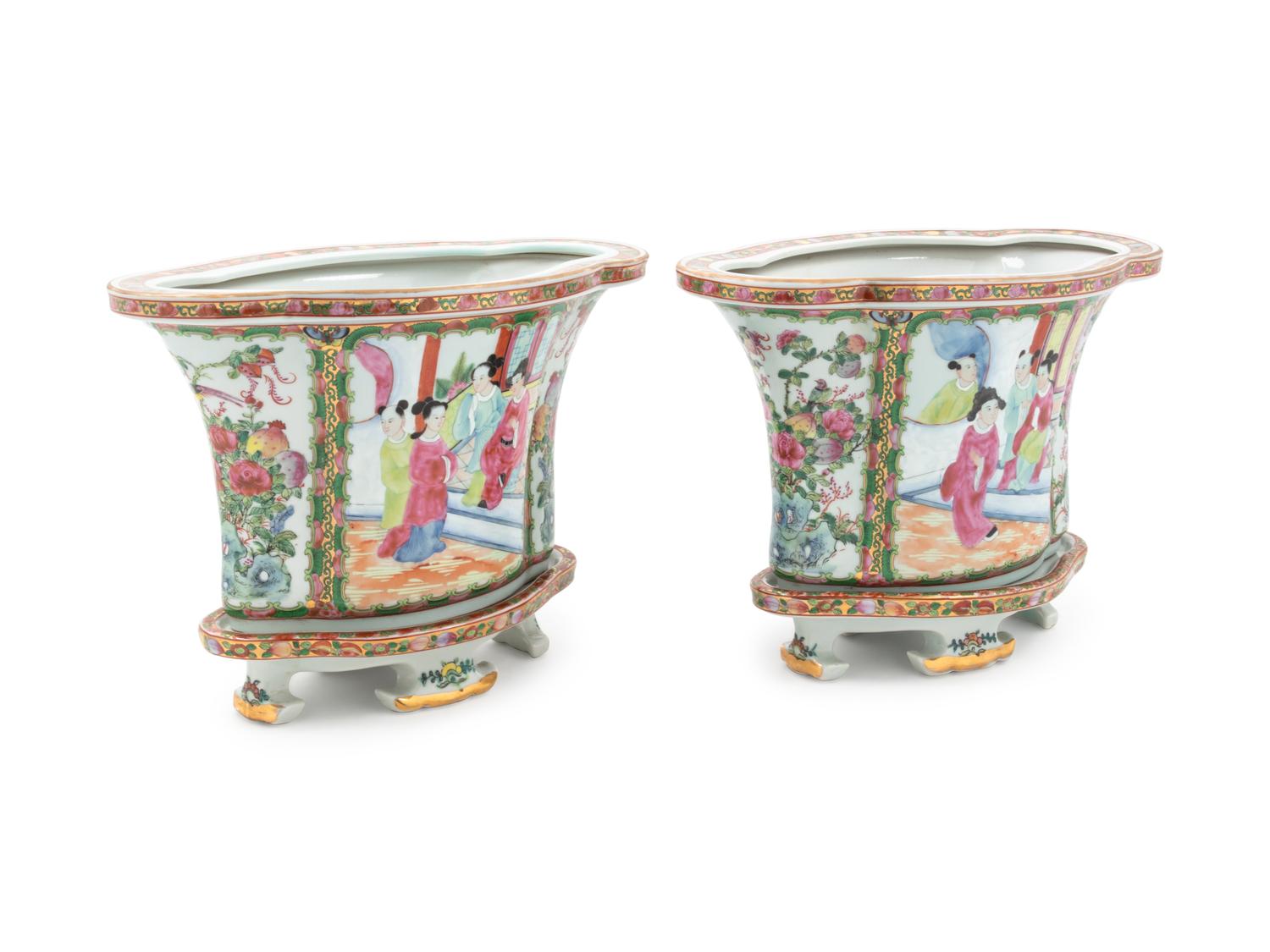 A Pair of Chinese Rose Medallion Porcelain Jardinieres on Stands