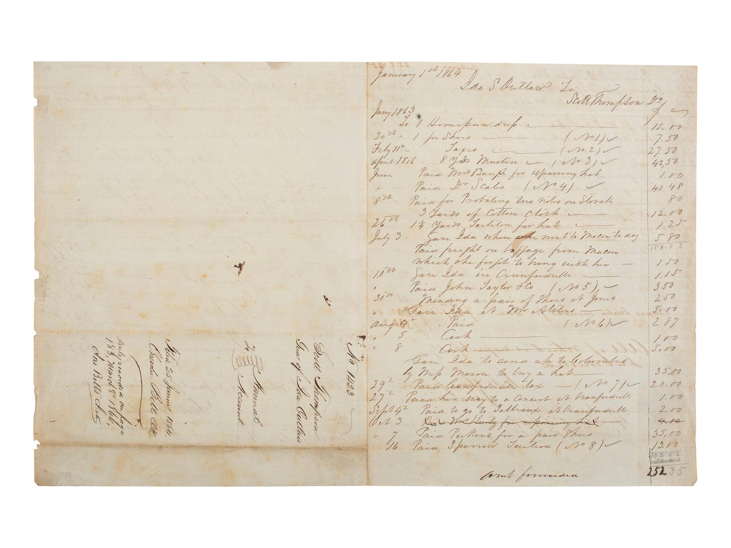 [ENSLAVEMENT & ABOLITION]. Manuscript document from Scott Thompson to Ida S. Outlaw regarding the hiring of 7 enslaved persons "which were hired to the highest bidder of Brooksville." Noxubee County, MS, 1 January 1864.