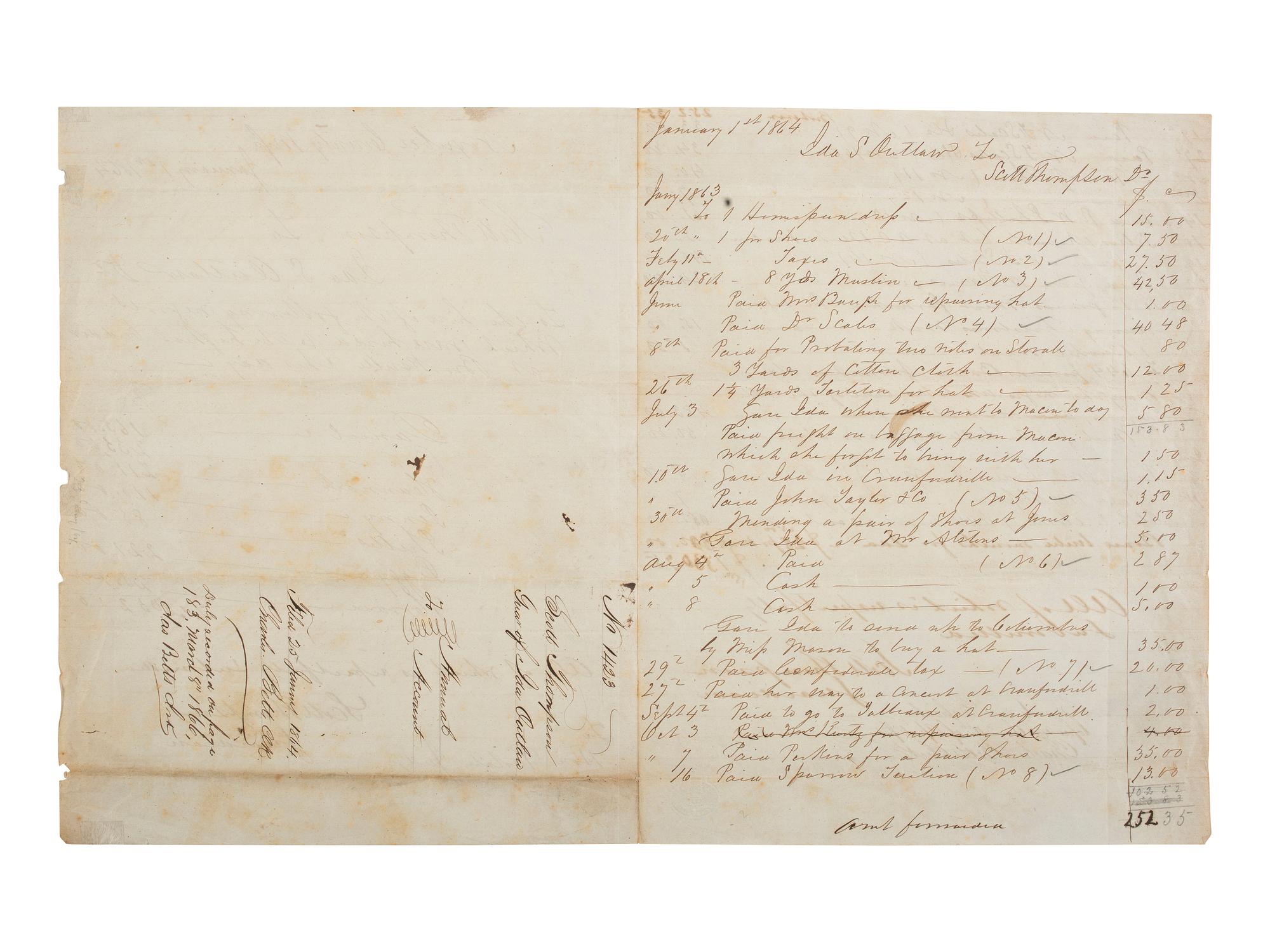 [ENSLAVEMENT & ABOLITION]. Manuscript document from Scott Thompson to Ida S. Outlaw regarding the hiring of 7 enslaved persons "which were hired to the highest bidder of Brooksville." Noxubee County, MS, 1 January 1864.