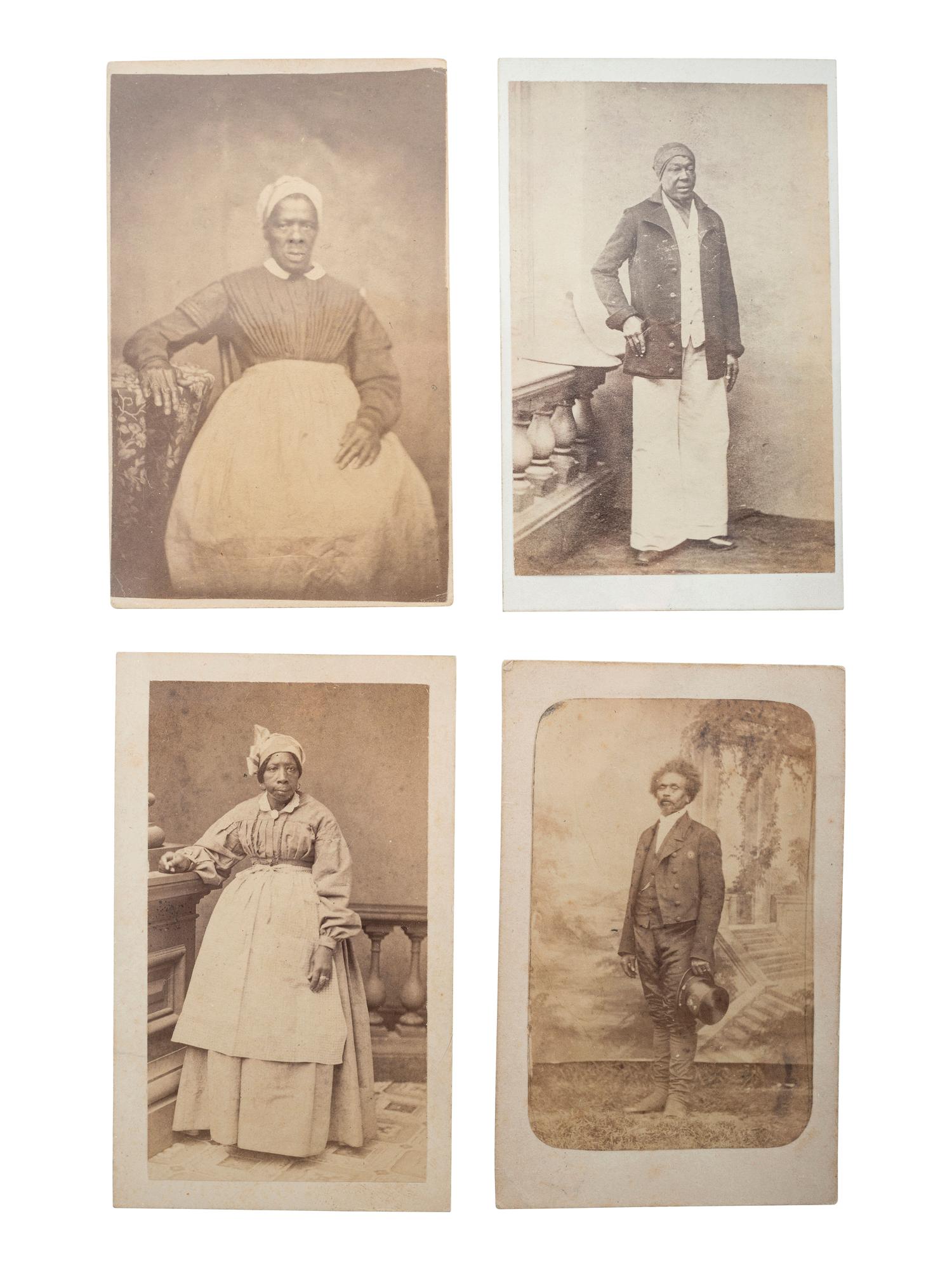 [EARLY PHOTOGRAPHY - PORTRAITURE]. A group of 4 CDVs of African American subjects, highlighted by a portrait of a man with a Fulani hat.