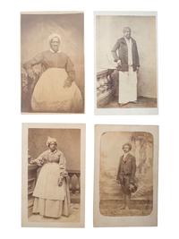 [EARLY PHOTOGRAPHY - PORTRAITURE]. A group of 4 CDVs of African American subjects, highlighted by a portrait of a man with a Fulani hat.