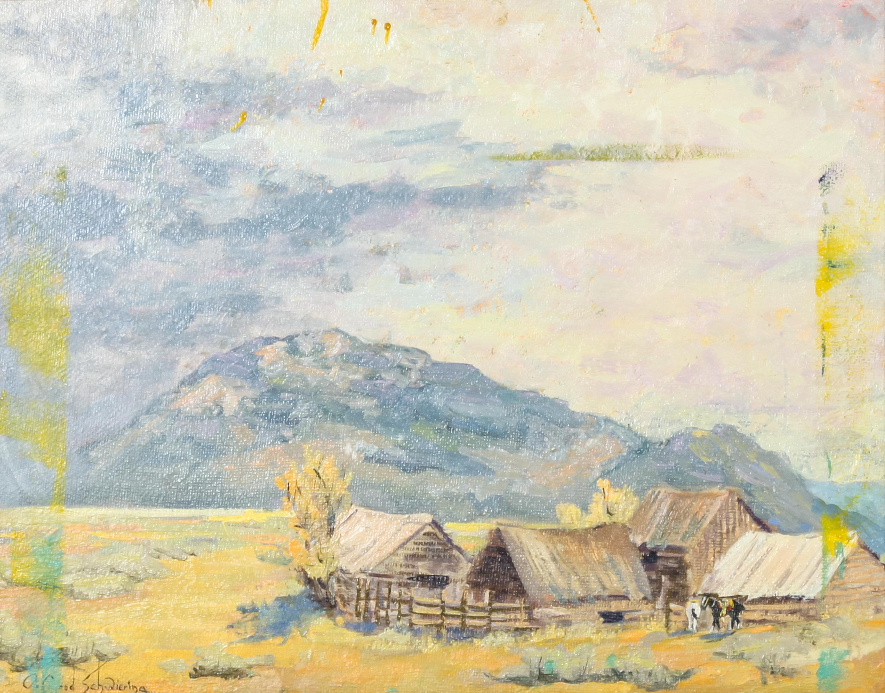 O. Conrad Schwiering, (American, b.1930), View Across Valley from High Point with study of two horses near barn verso