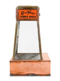 A Dwinell-Wright Co. Coffee Advertising Box, along with a Copper and Brass Colonial Coffee and Lily of the Valley Canned Goods Counter Top Vitrine Display Case