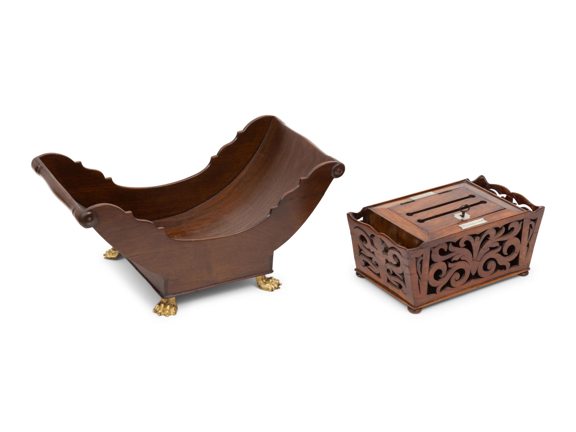 A Victorian Mother-of-Pearl Inlaid Butler's Letter Box and Associated George IV Mahogany Cheese Cradle