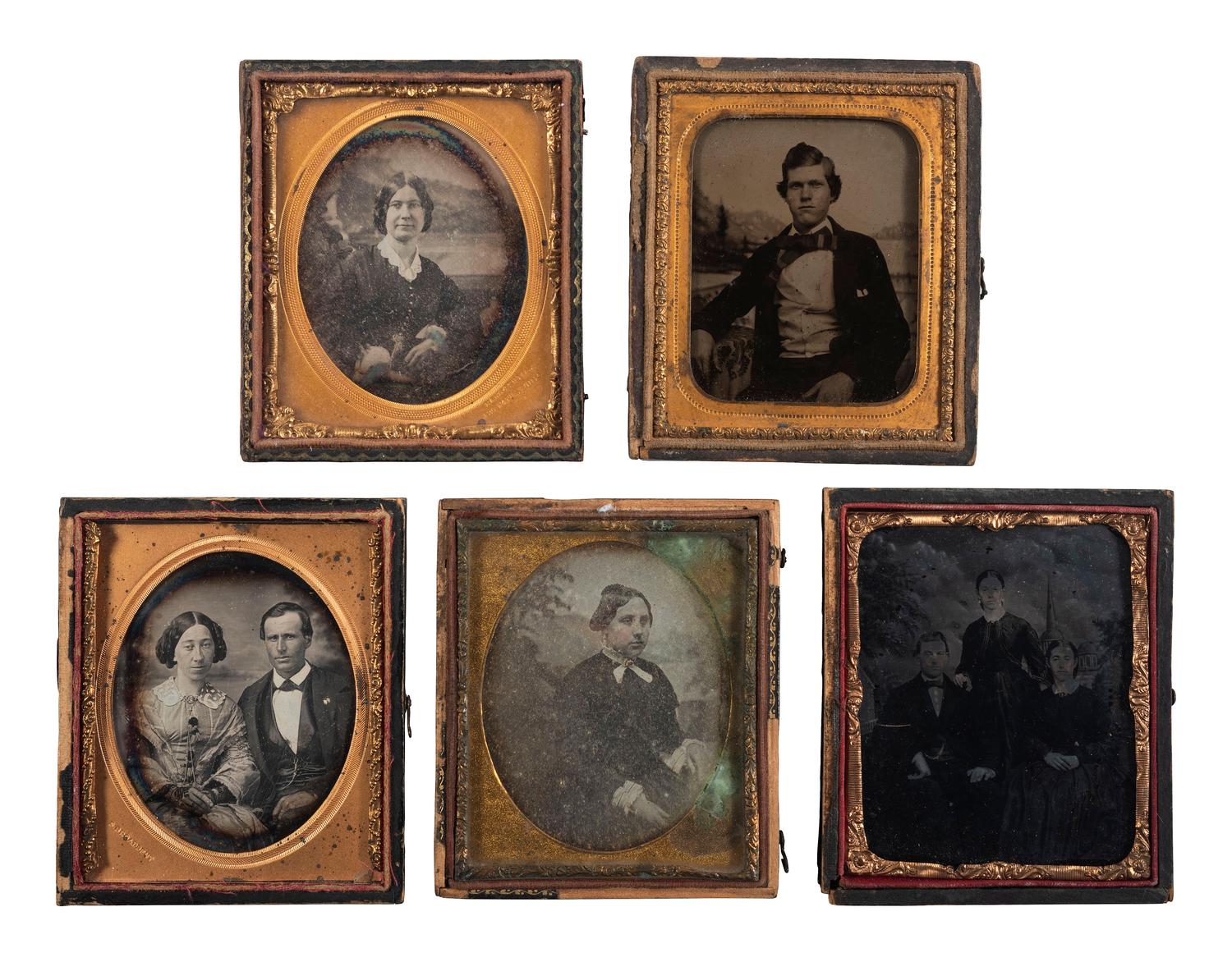 [EARLY PHOTOGRAPHY]. 10 sixth plate portraits with painted backdrops, incl. BALL & THOMAS