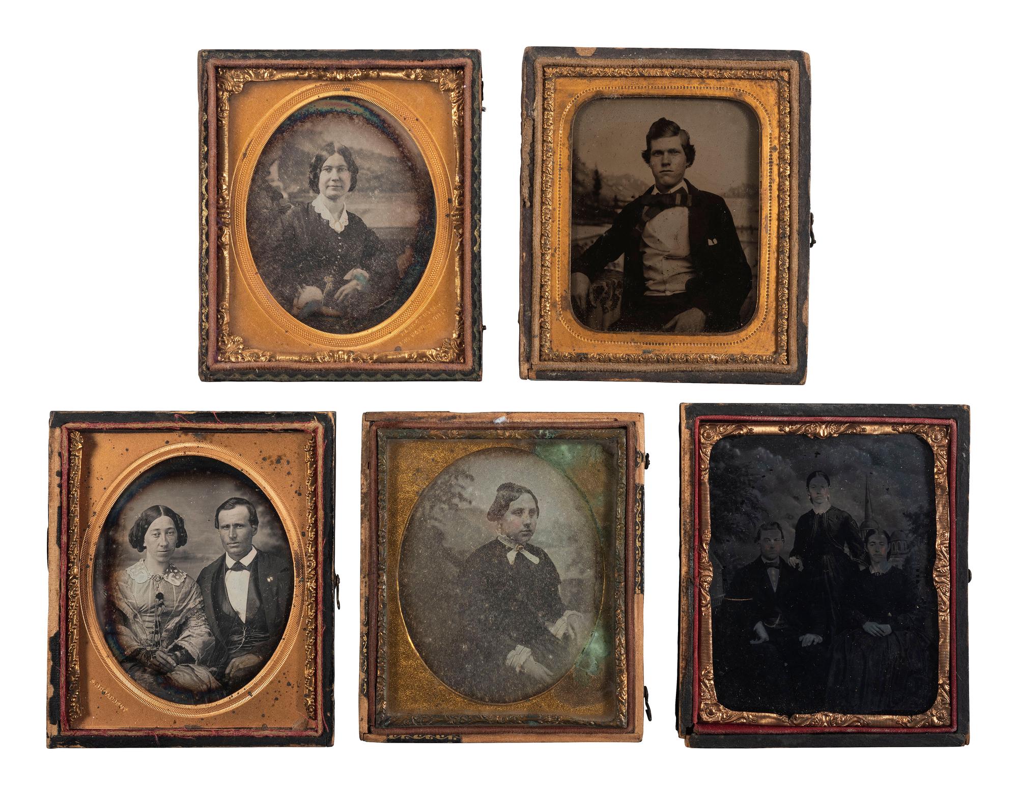 [EARLY PHOTOGRAPHY]. 10 sixth plate portraits with painted backdrops, incl. BALL & THOMAS